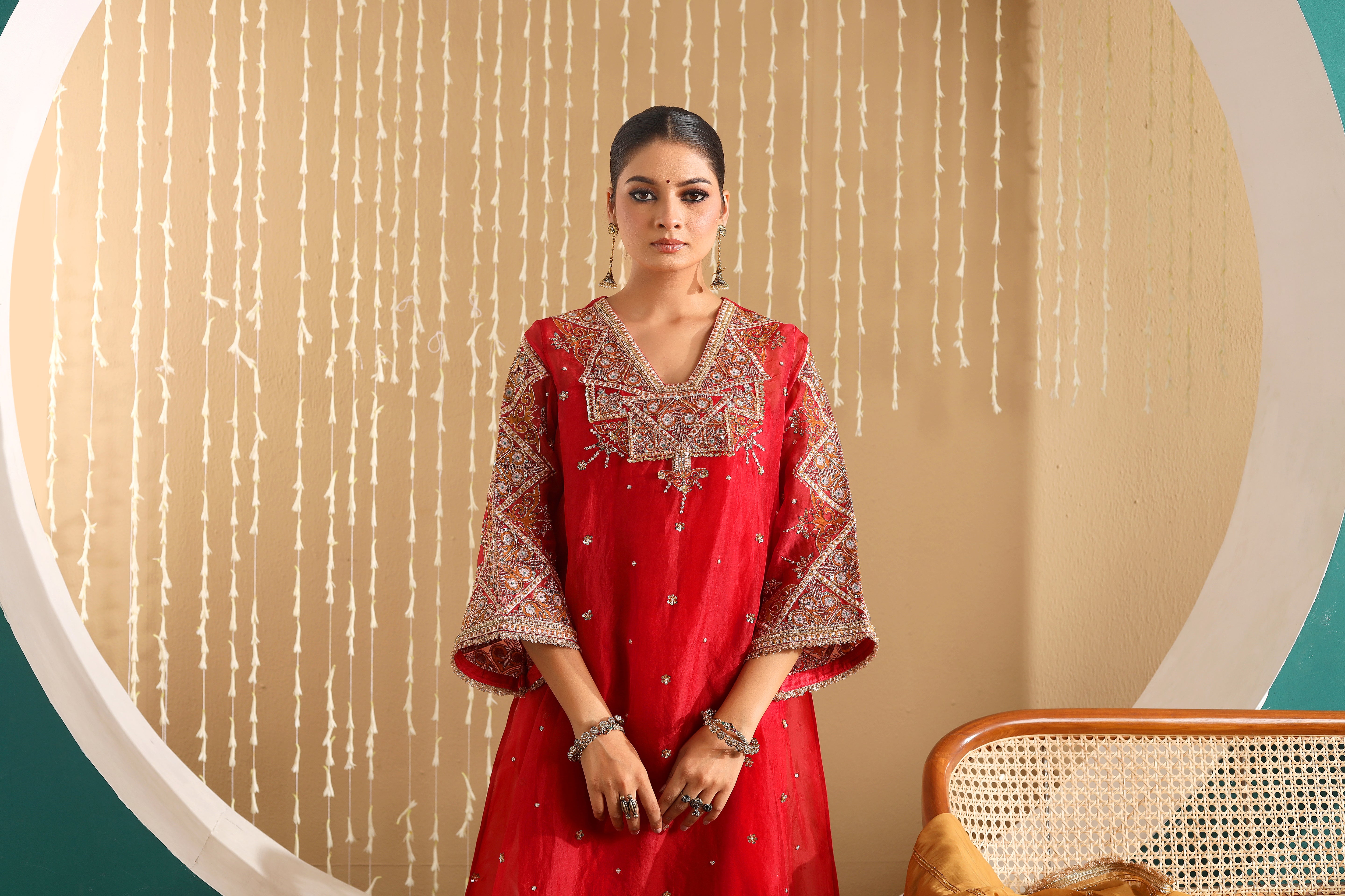 SITARA - Red pure silk organza hand embroidered kurta set with mustard dupatta.