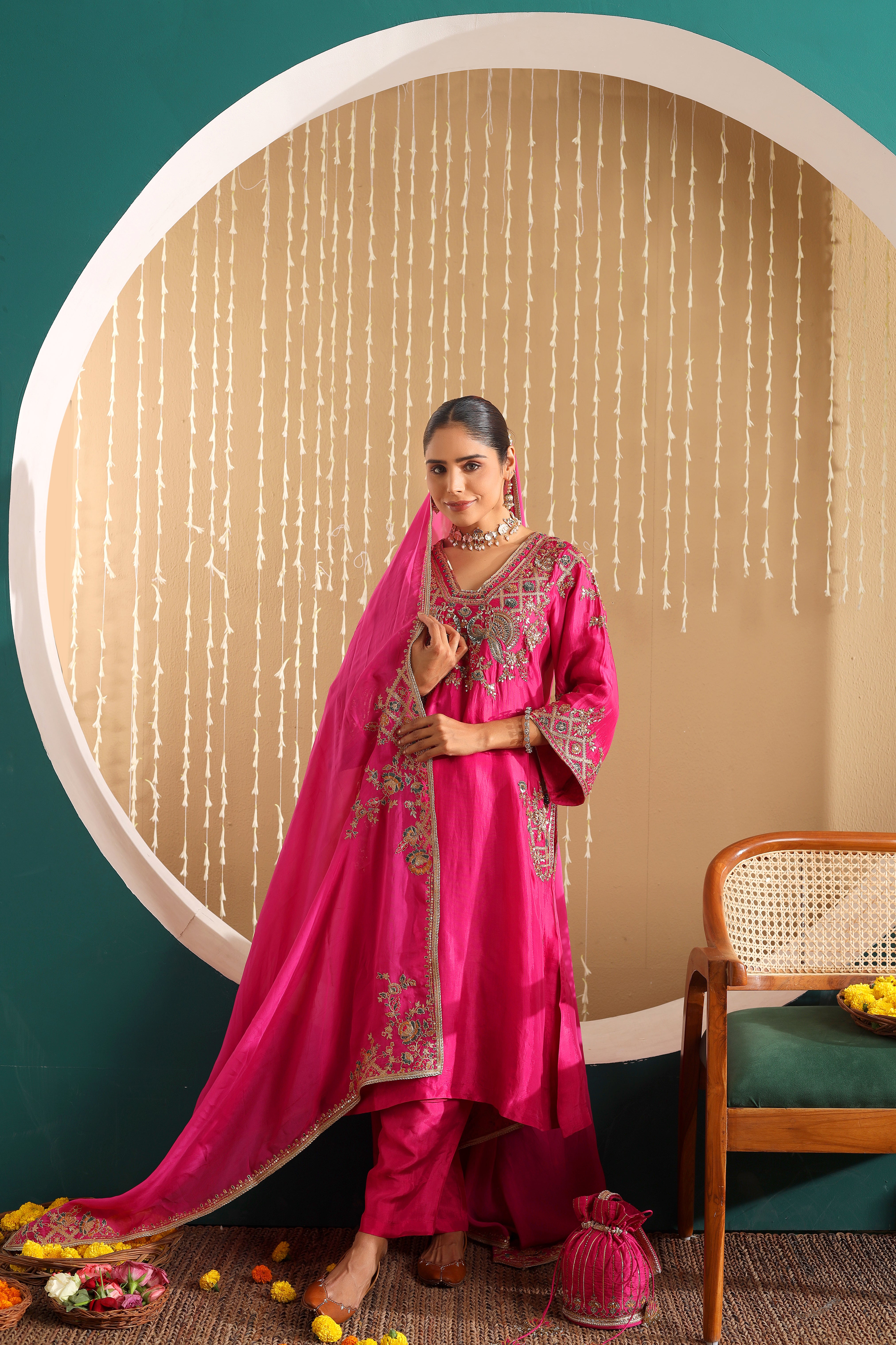 ZEENAT  - Fuchsia pink upada silk hand embroidered kurta set with dupatta.