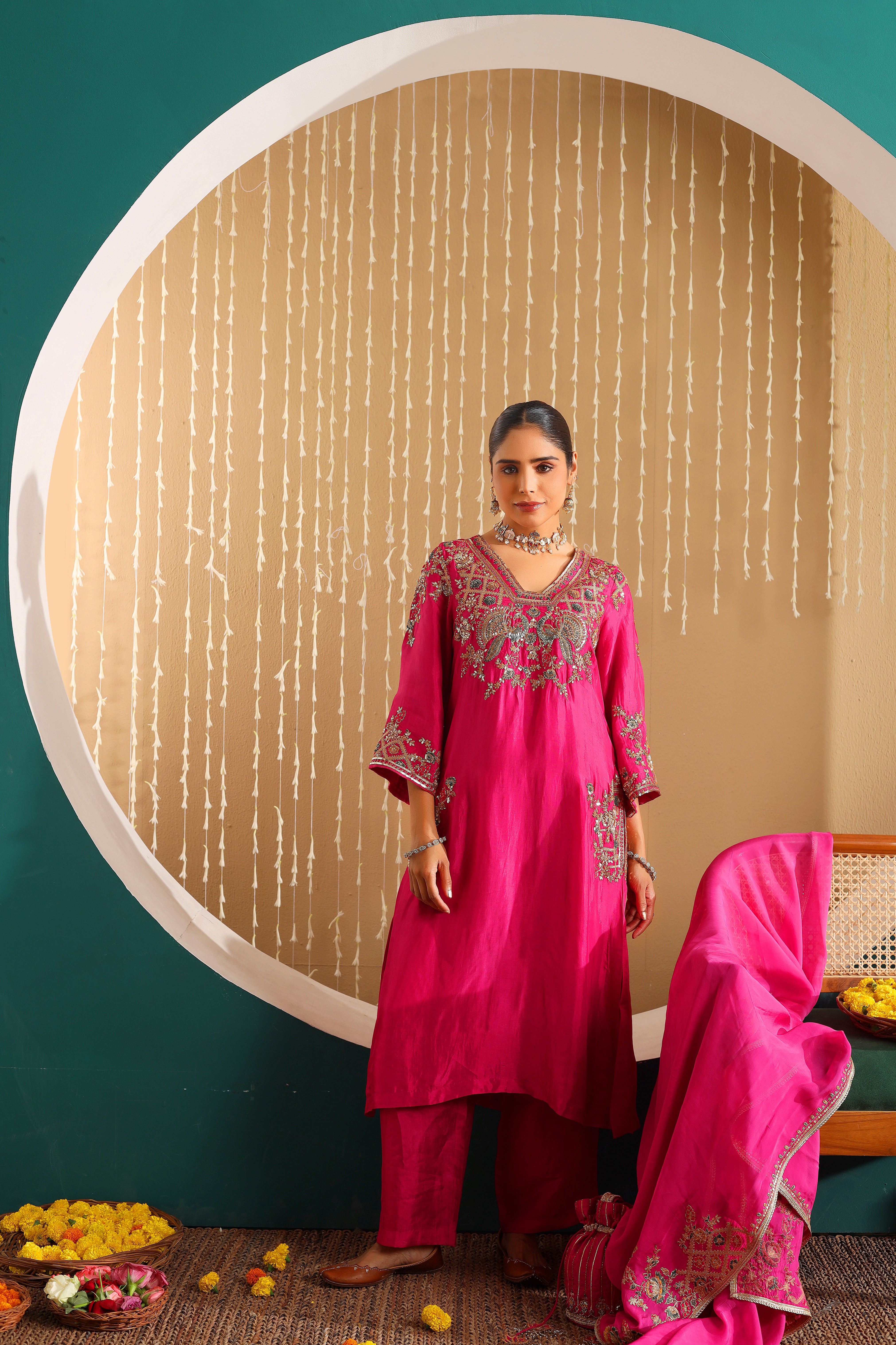 ZEENAT  - Fuchsia pink upada silk hand embroidered kurta set with dupatta.