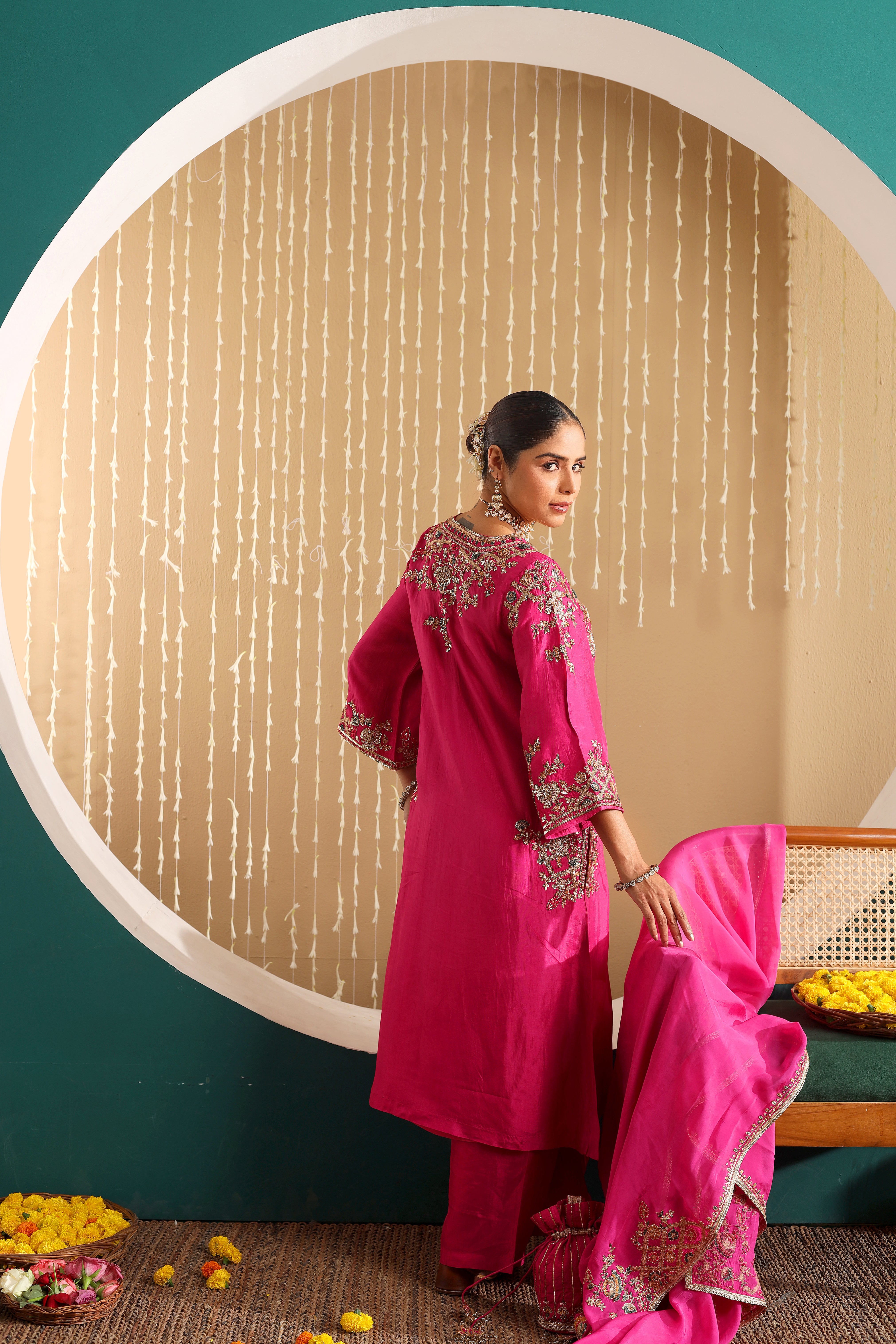 ZEENAT  - Fuchsia pink upada silk hand embroidered kurta set with dupatta.