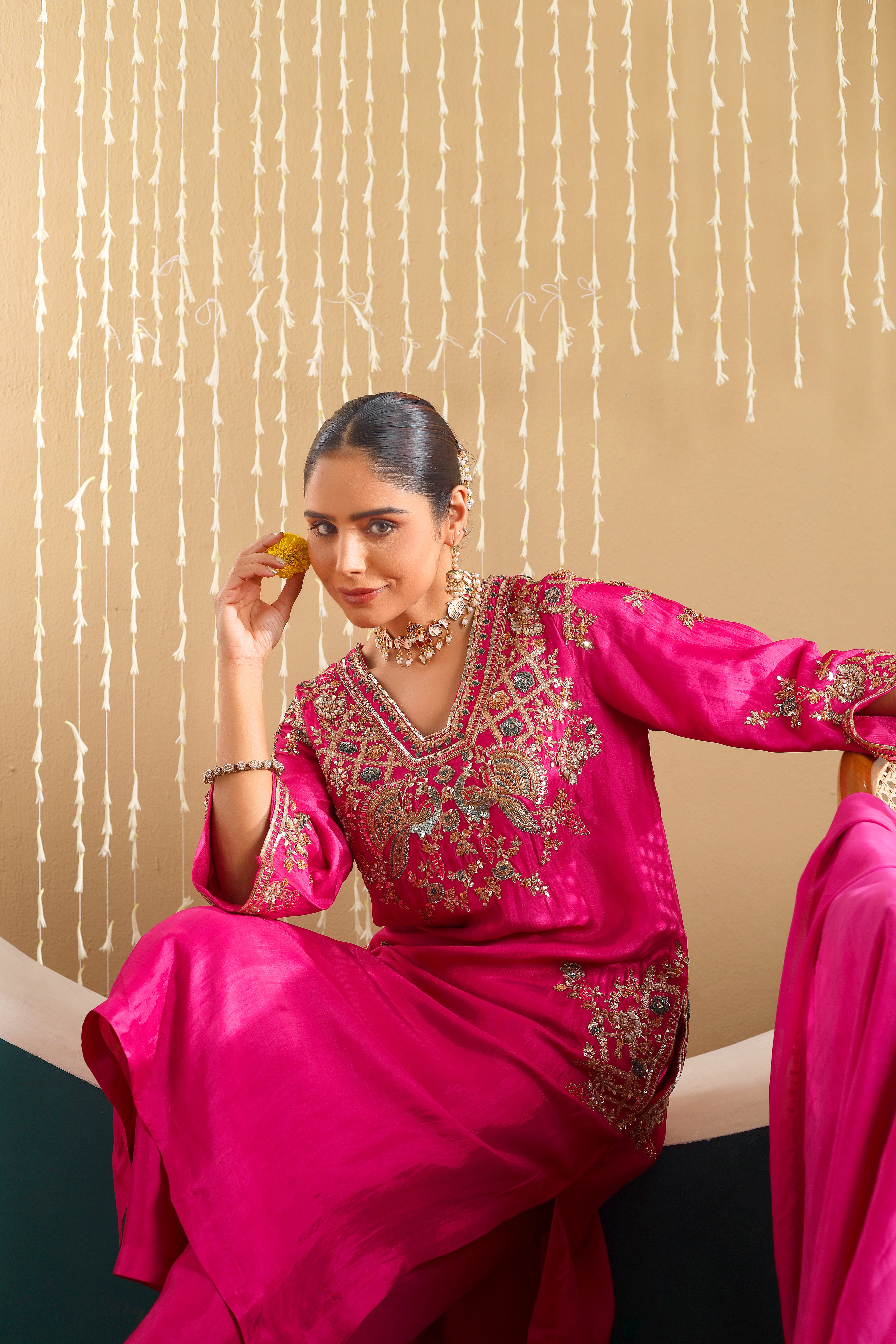 ZEENAT  - Fuchsia pink upada silk hand embroidered kurta set with dupatta.