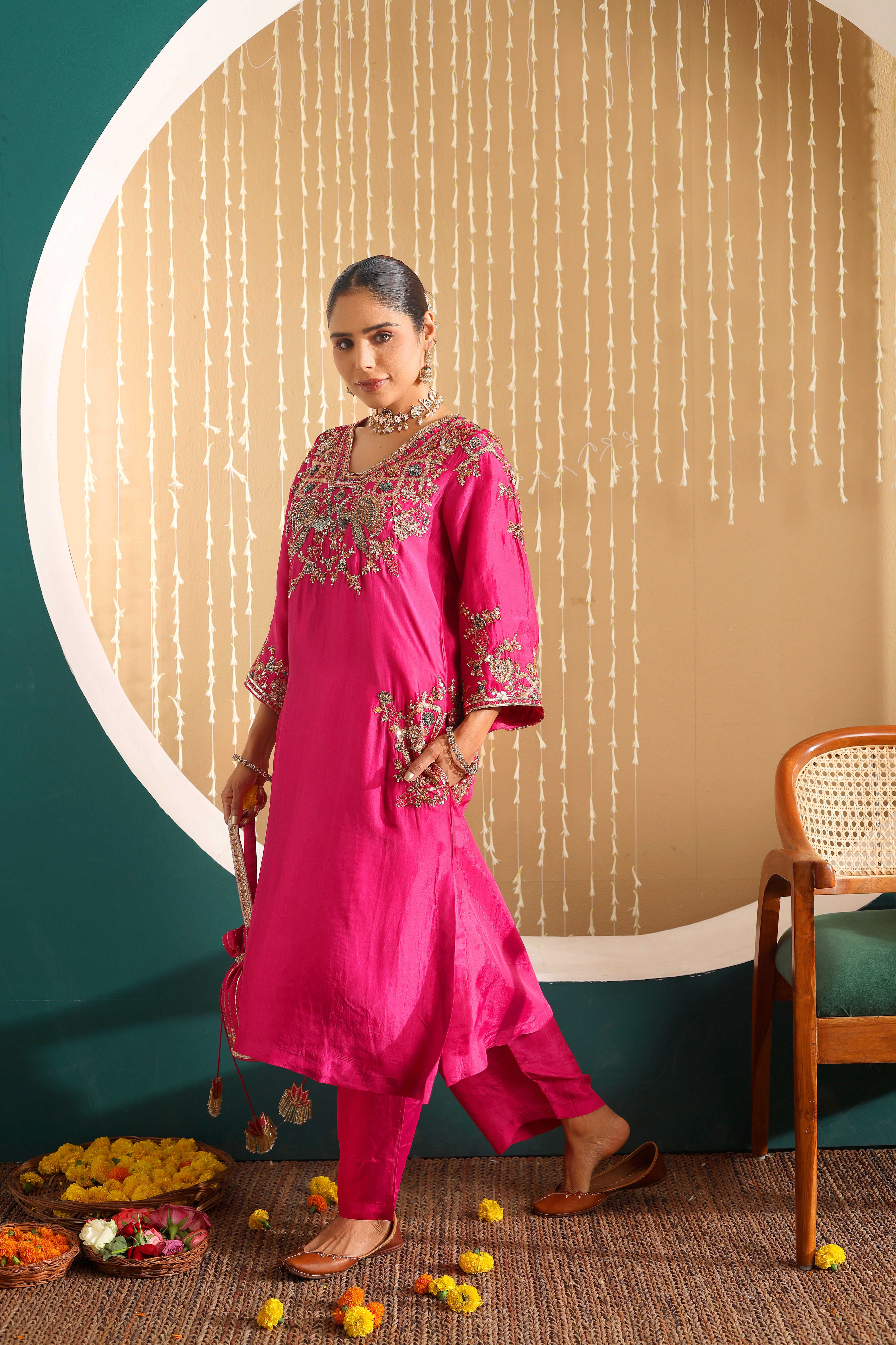 ZEENAT  - Fuchsia pink upada silk hand embroidered kurta set with dupatta.
