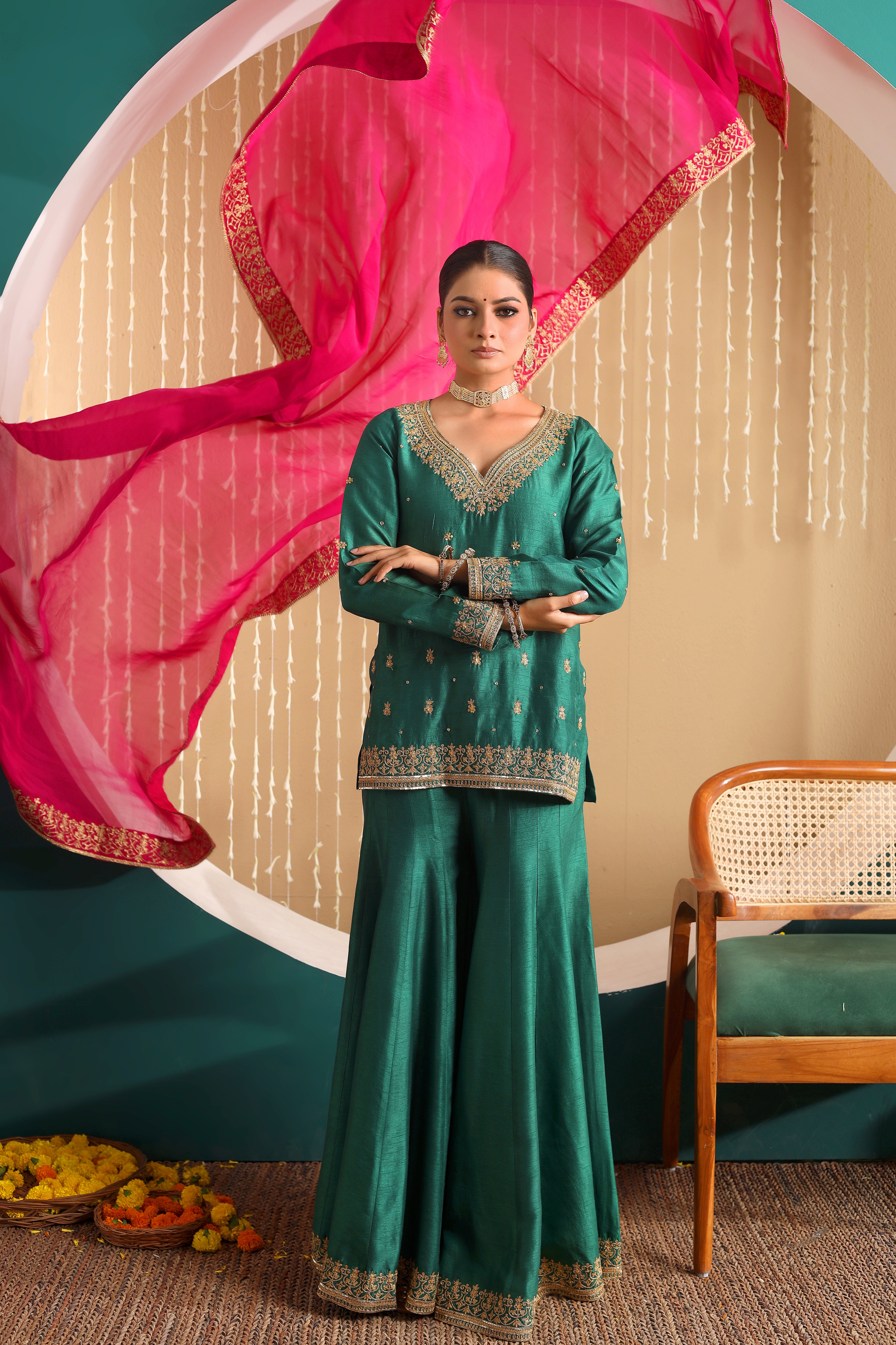 GULBANO - Green row silk pure hand embroidered sharara set with pink organza dupatta.