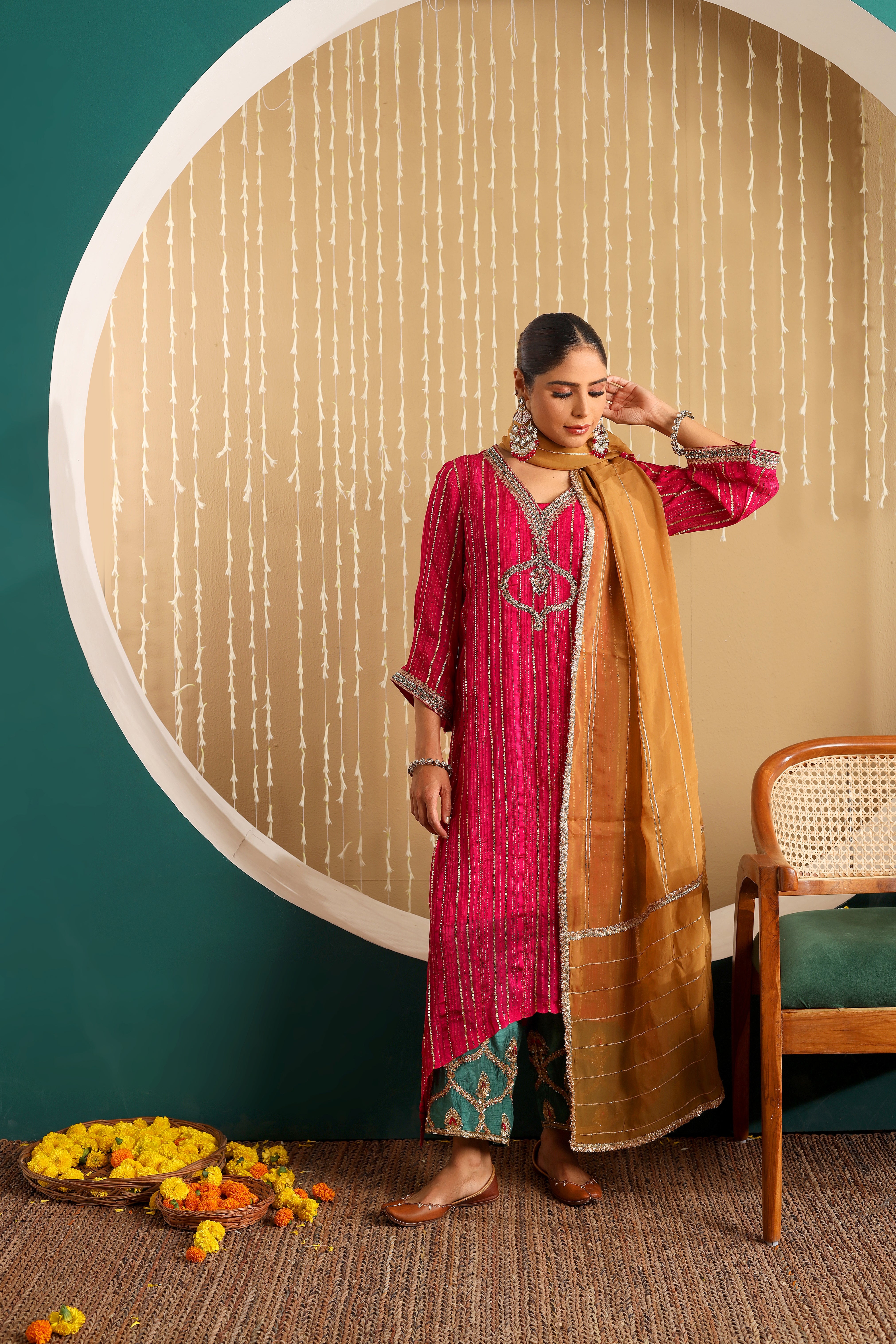 MAHIRA  - Pink hand embroidered kurta set with mustard organza dupatta.