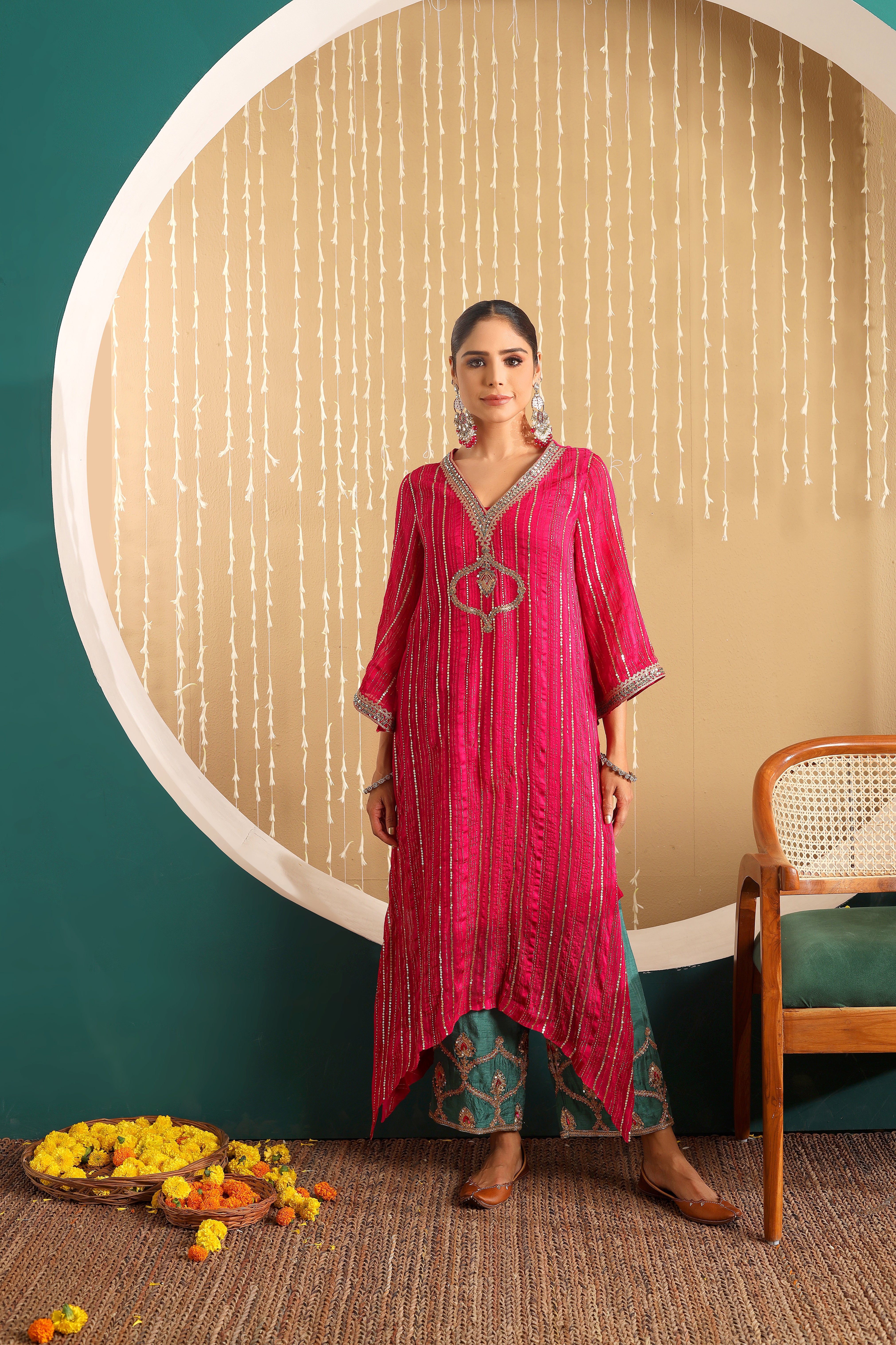 MAHIRA  - Pink hand embroidered kurta set with mustard organza dupatta.