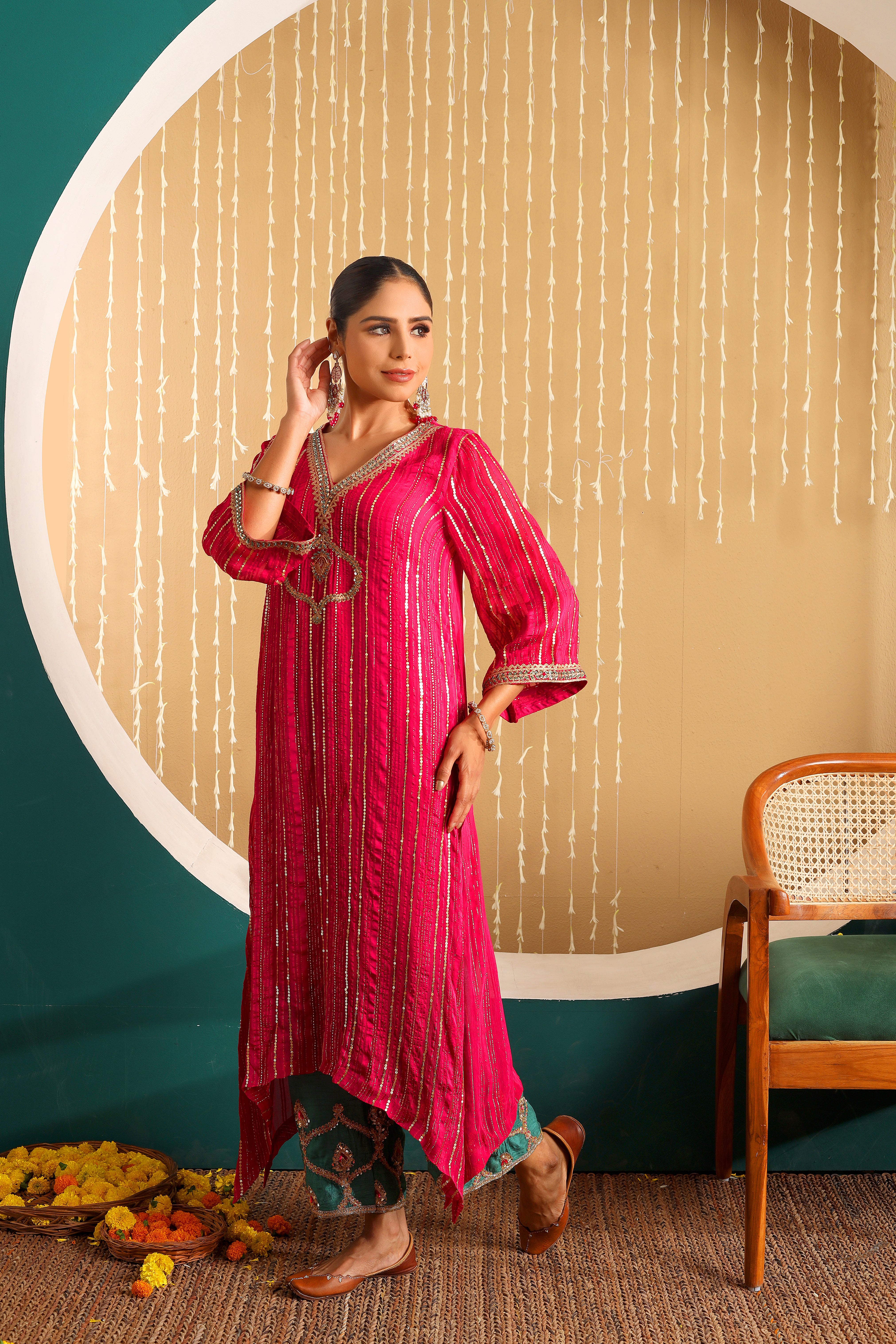 MAHIRA  - Pink hand embroidered kurta set with mustard organza dupatta.