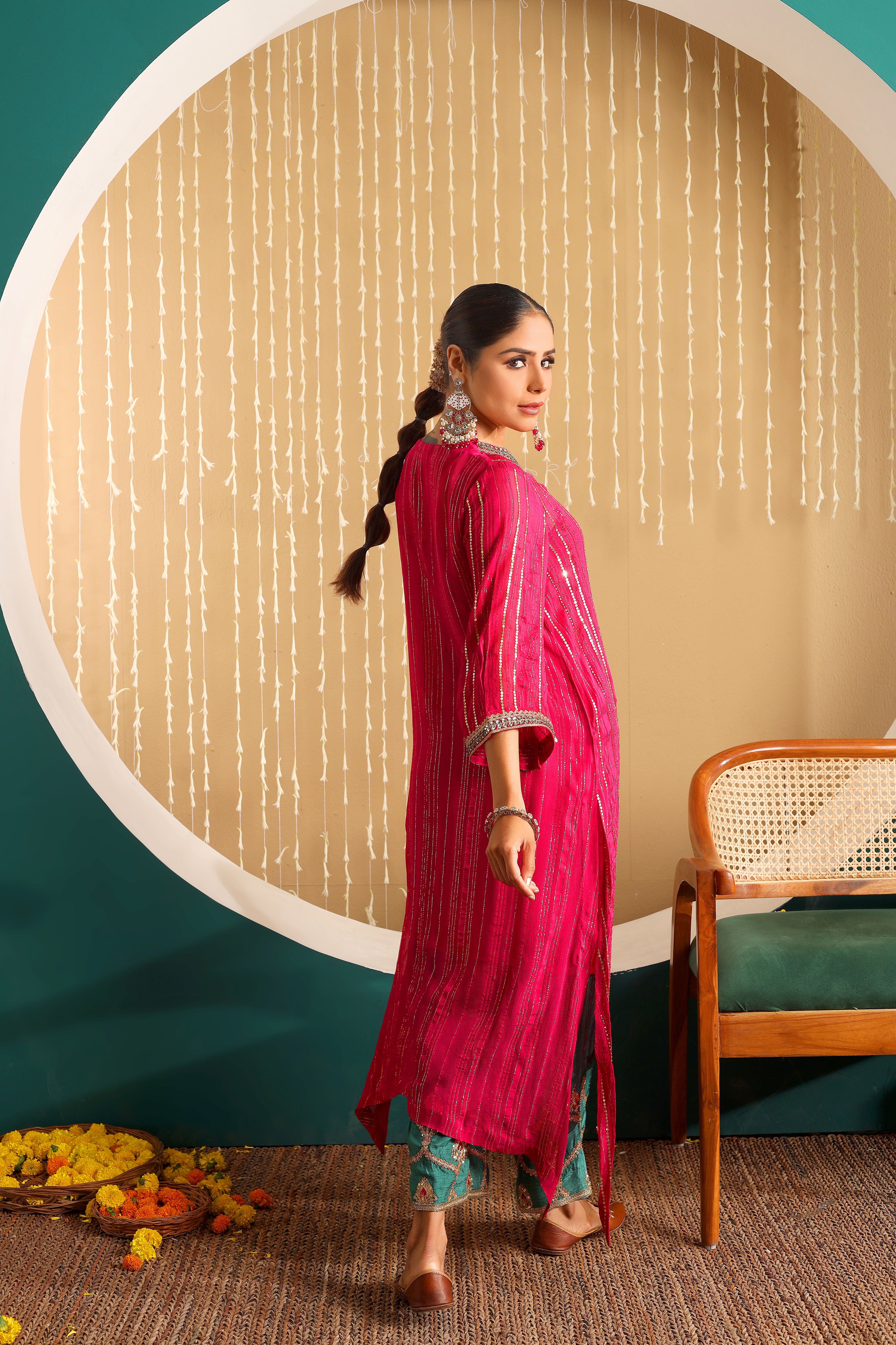 MAHIRA  - Pink hand embroidered kurta set with mustard organza dupatta.