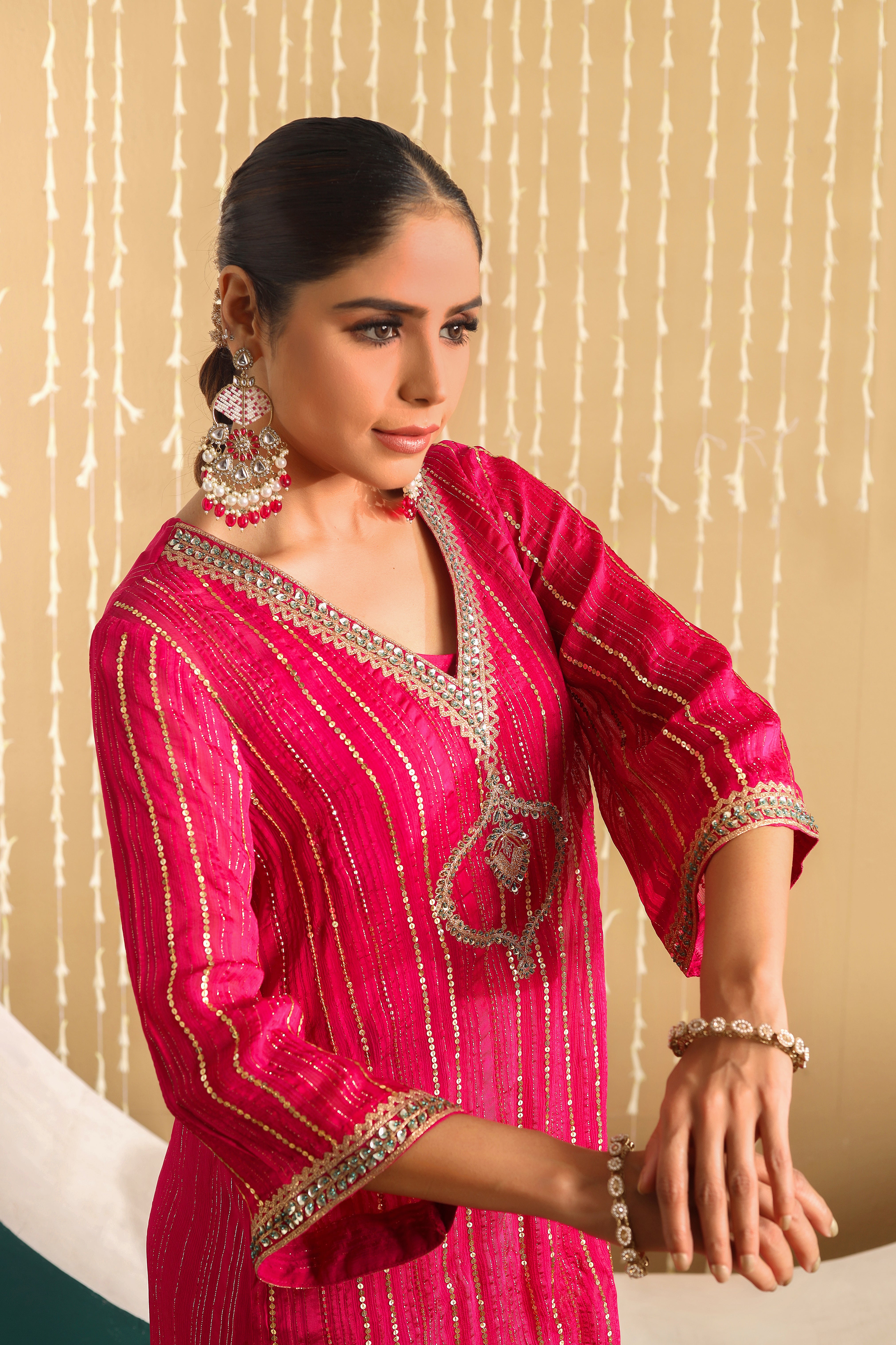 MAHIRA  - Pink hand embroidered kurta set with mustard organza dupatta.
