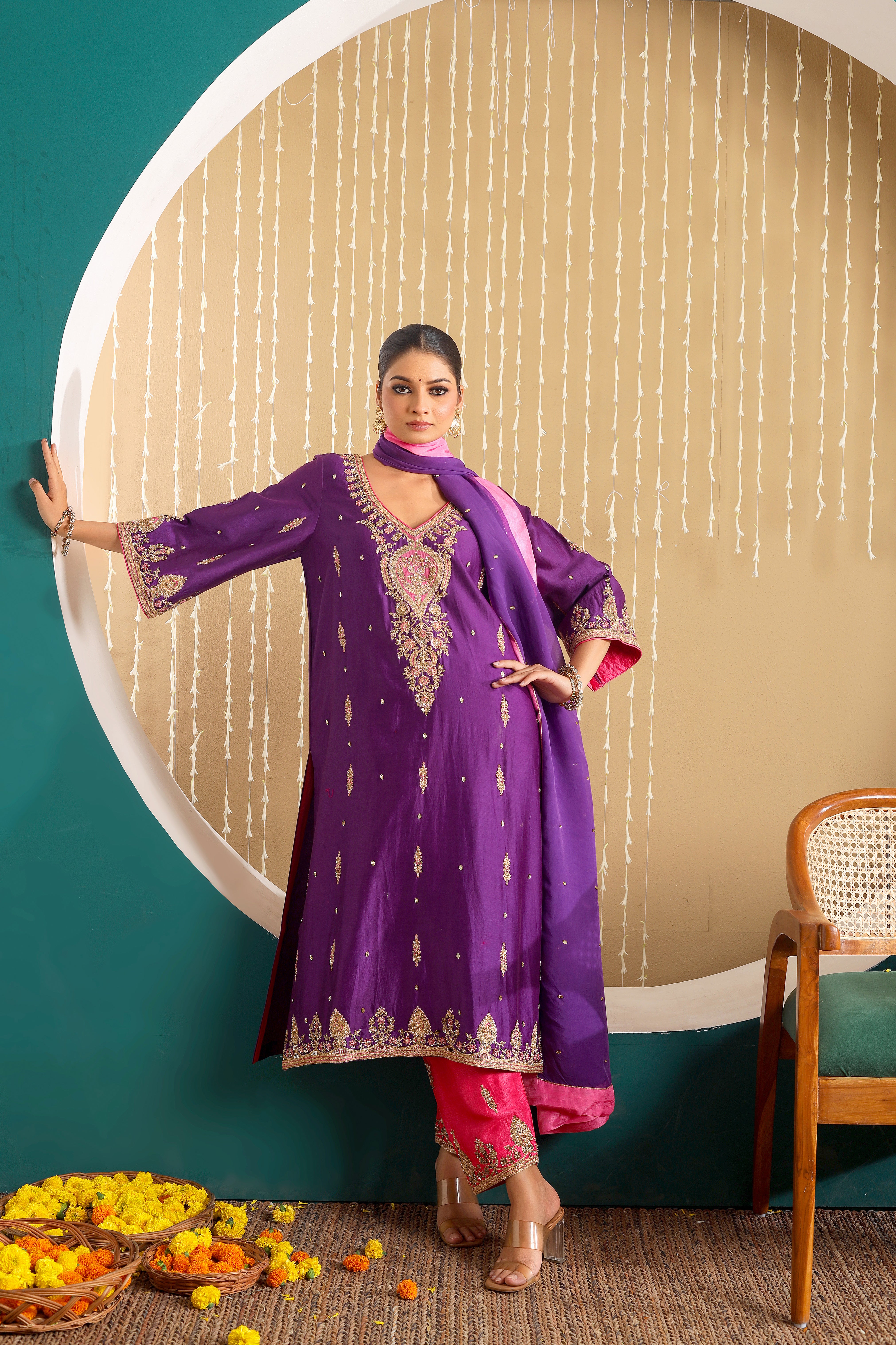 LAILA - Purple chanderi hand embroidered kurta set with organza dupatta.