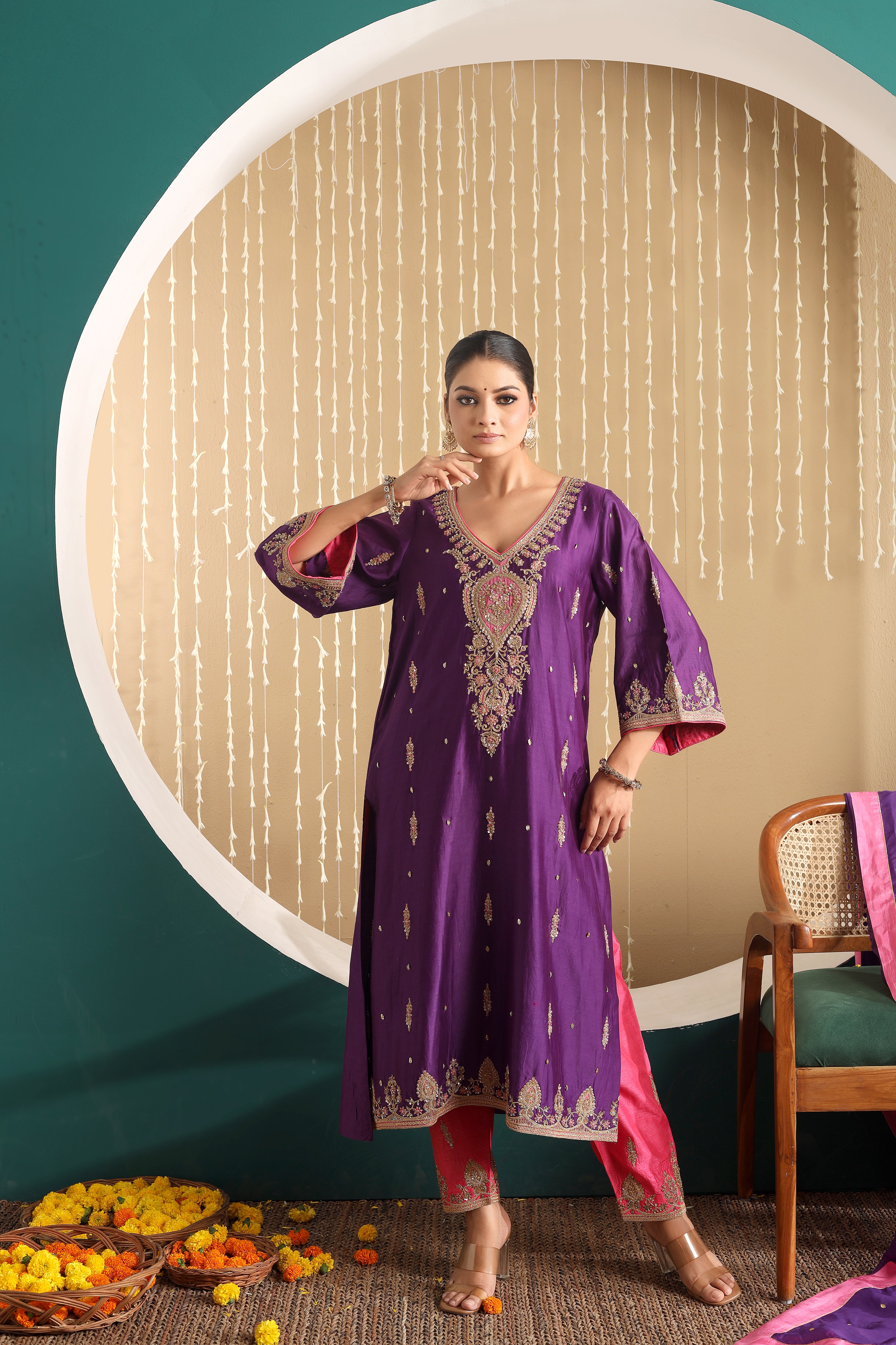 LAILA - Purple chanderi hand embroidered kurta set with organza dupatta.