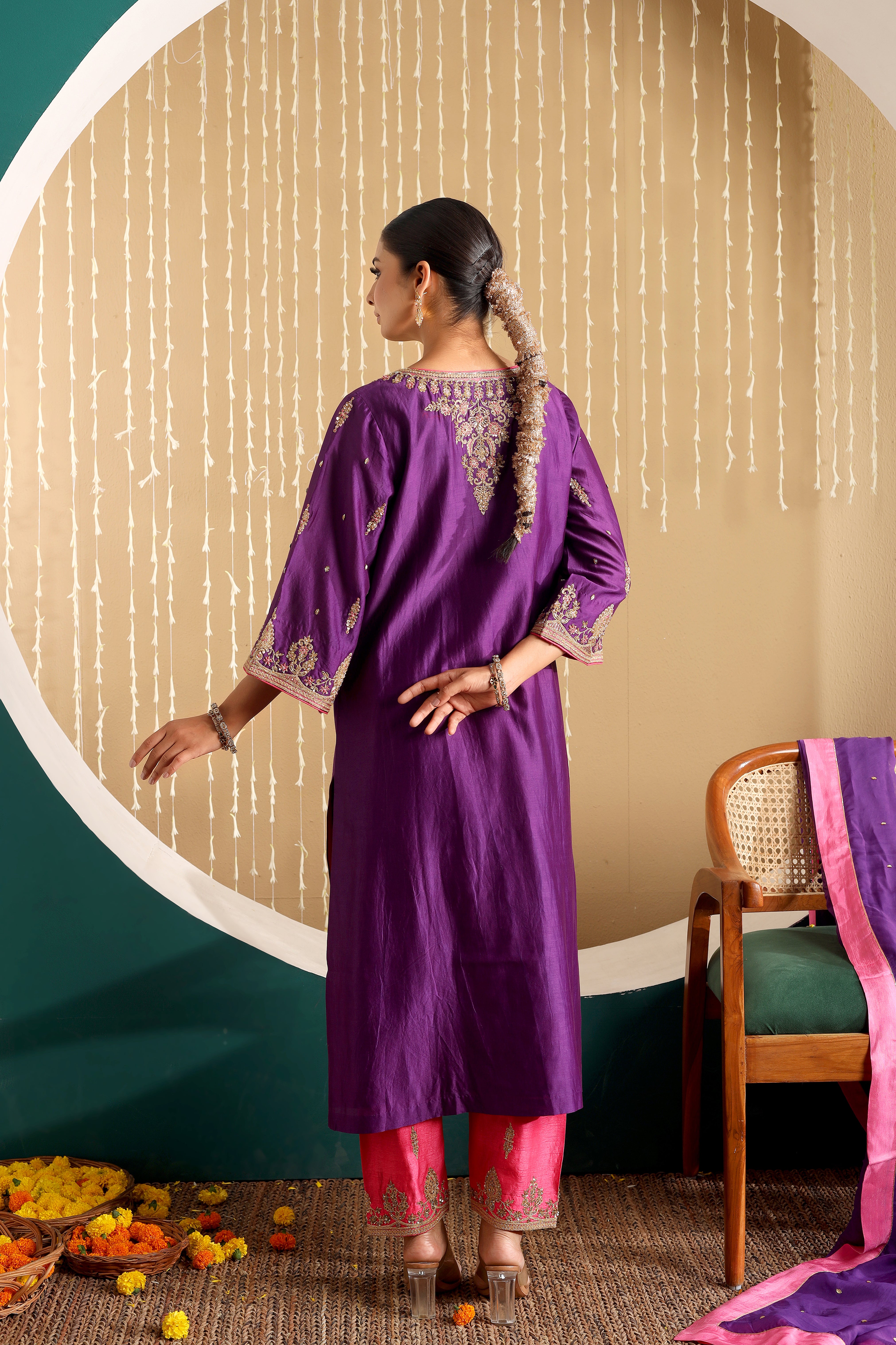 LAILA - Purple chanderi hand embroidered kurta set with organza dupatta.