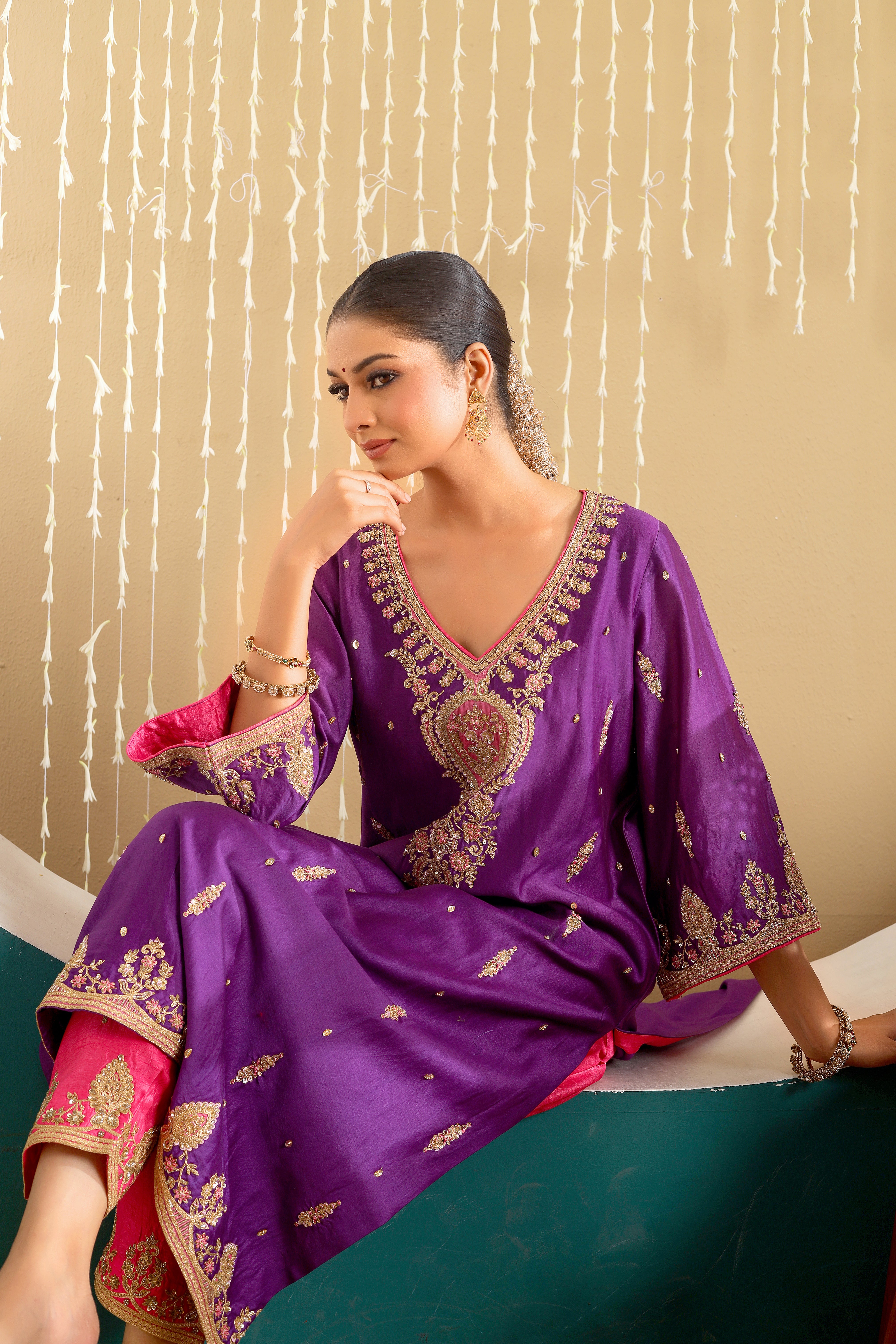 LAILA - Purple chanderi hand embroidered kurta set with organza dupatta.