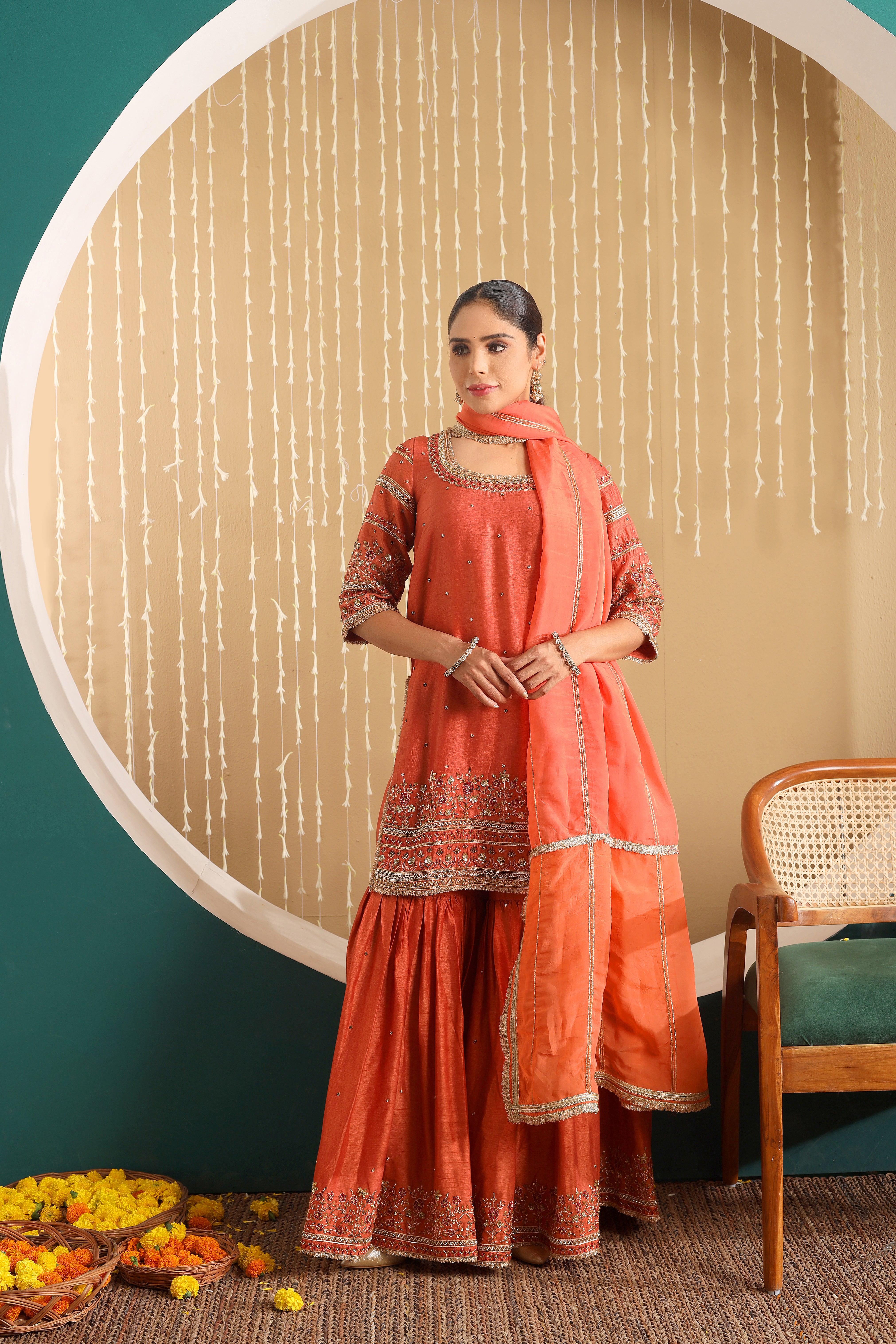 SUNEHRI BAHAAR - Pure hand embroidered row silk sharara set with organza dupatta