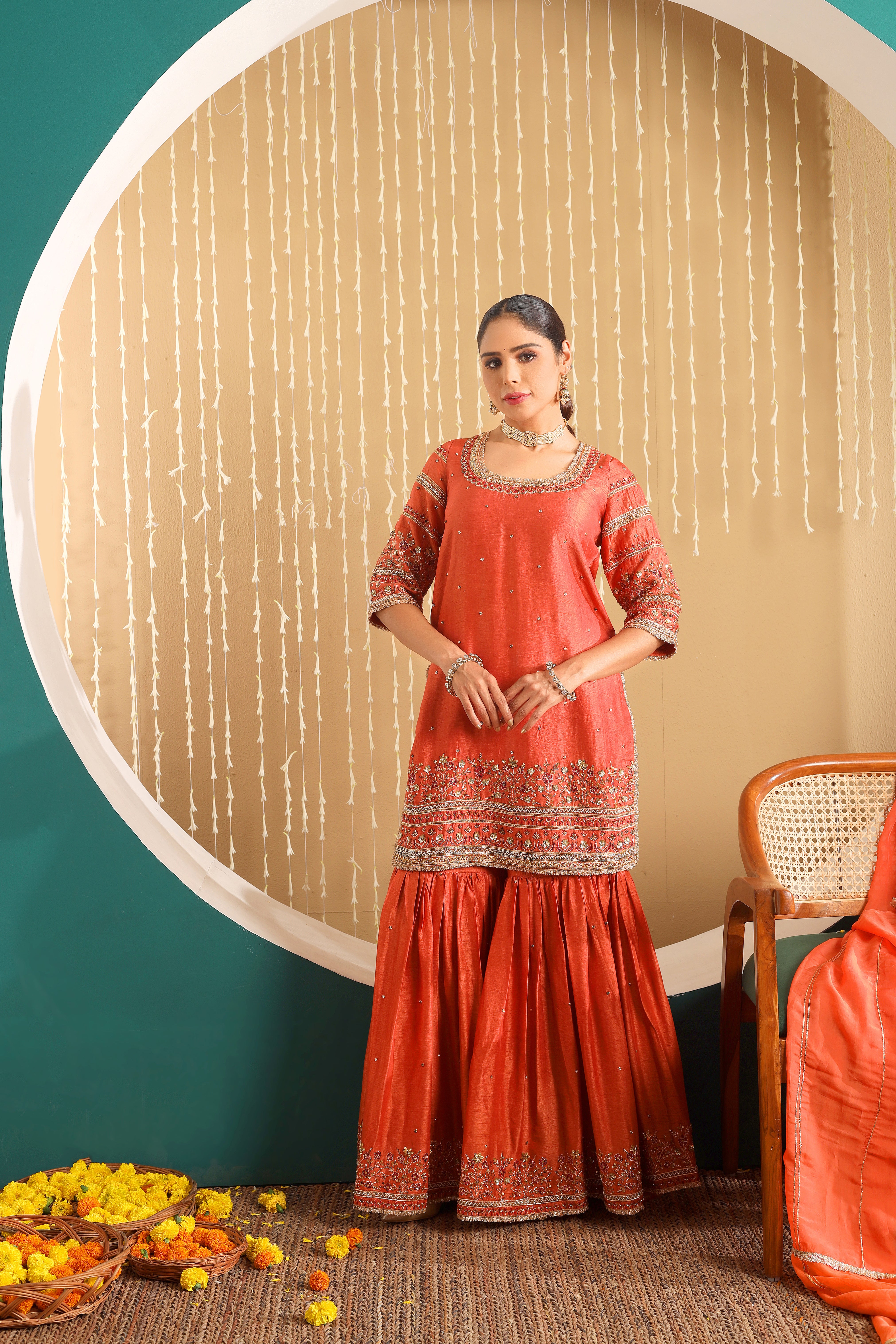 SUNEHRI BAHAAR - Pure hand embroidered row silk sharara set with organza dupatta