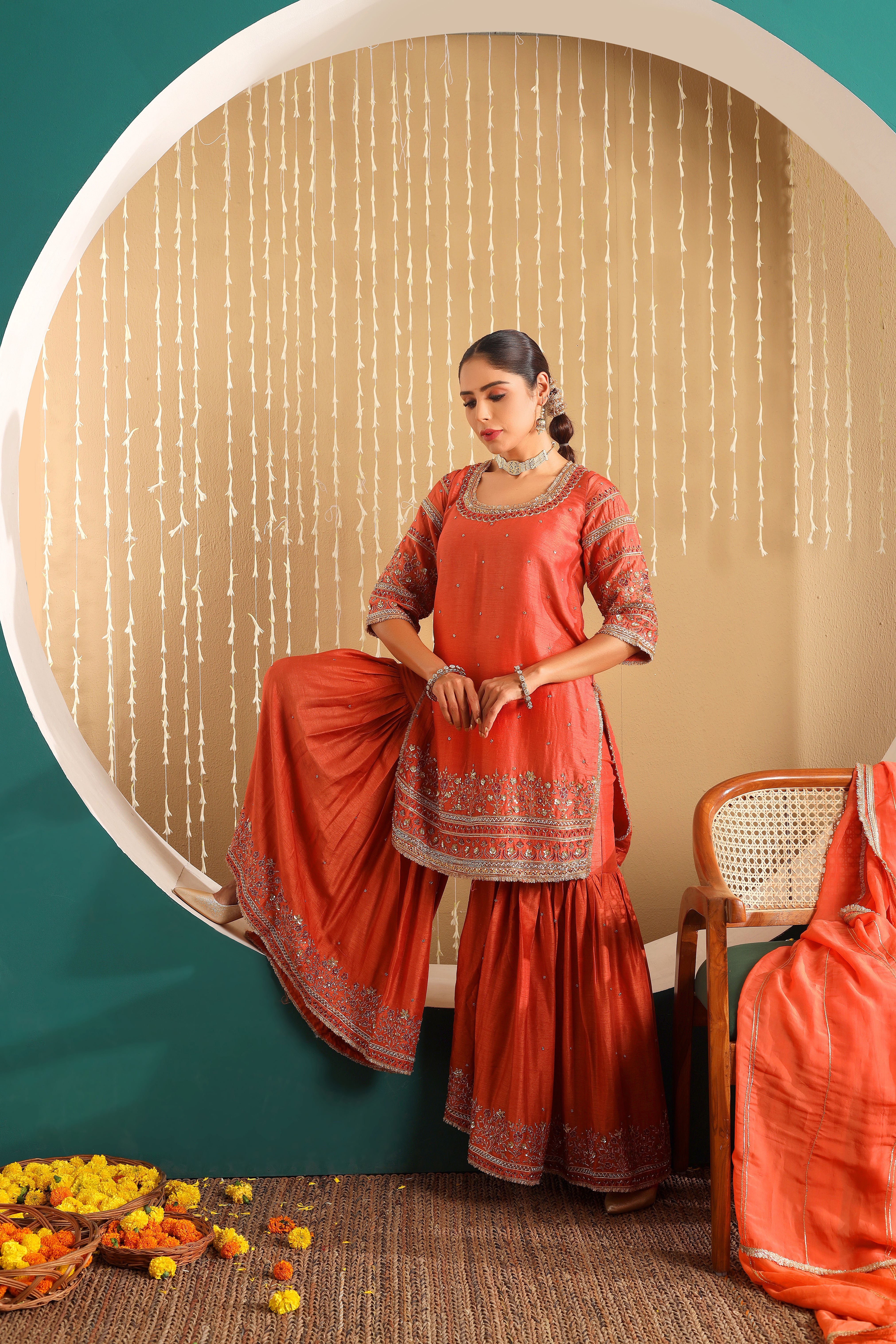 SUNEHRI BAHAAR - Pure hand embroidered row silk sharara set with organza dupatta