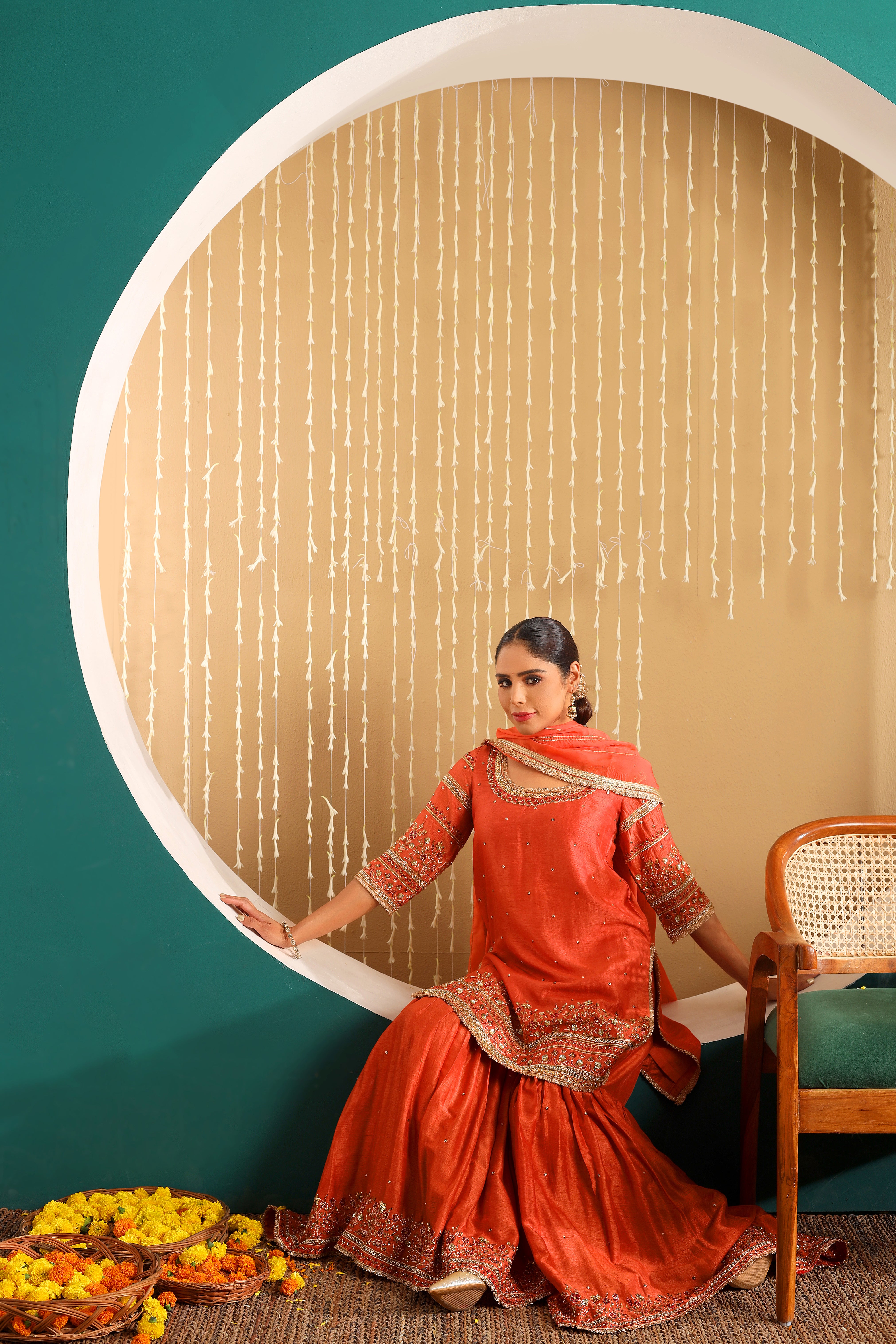 SUNEHRI BAHAAR - Pure hand embroidered row silk sharara set with organza dupatta