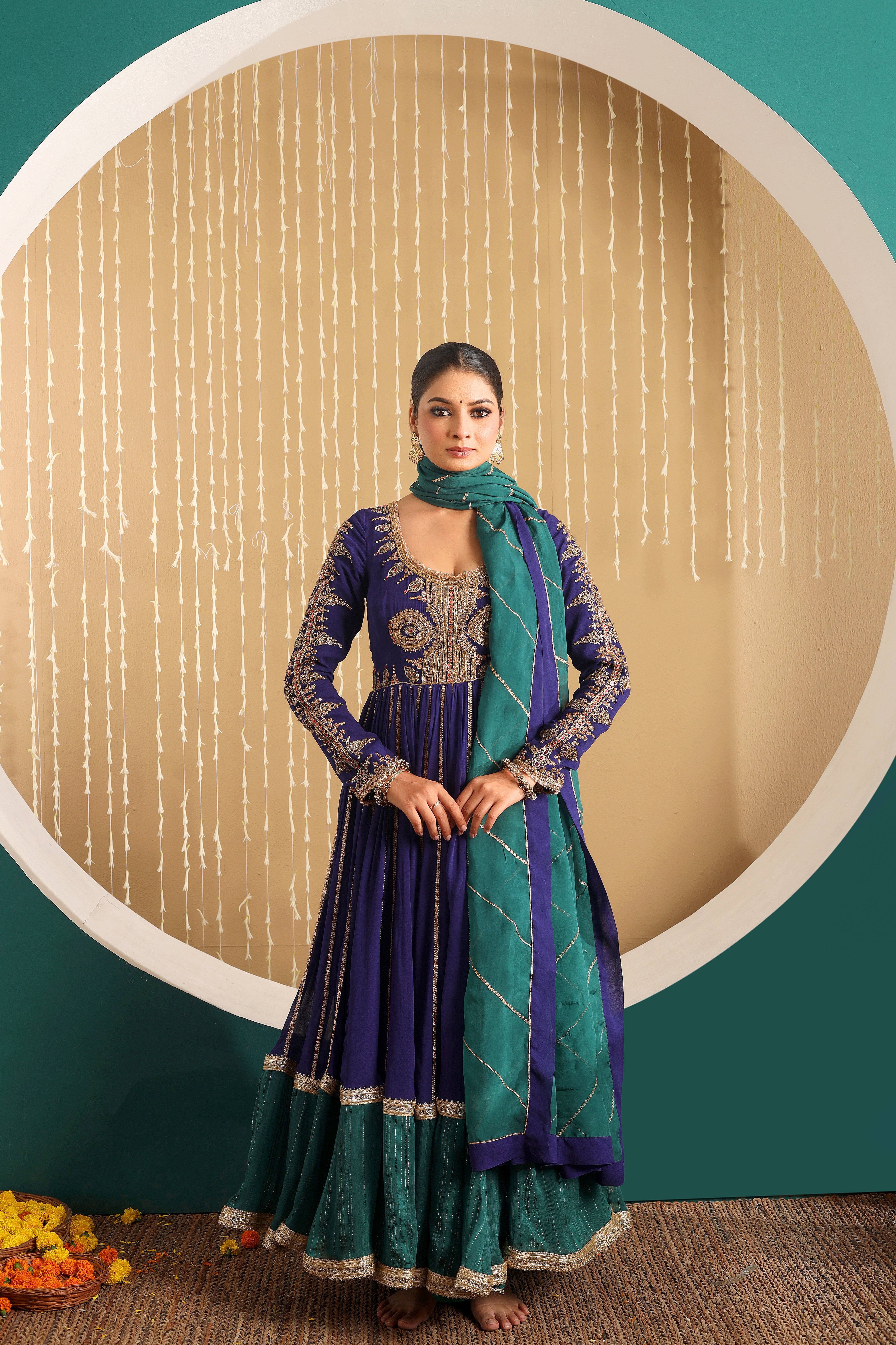 MEHRUNISA - Purple hand embroidered anarkali set with organza dupatta.