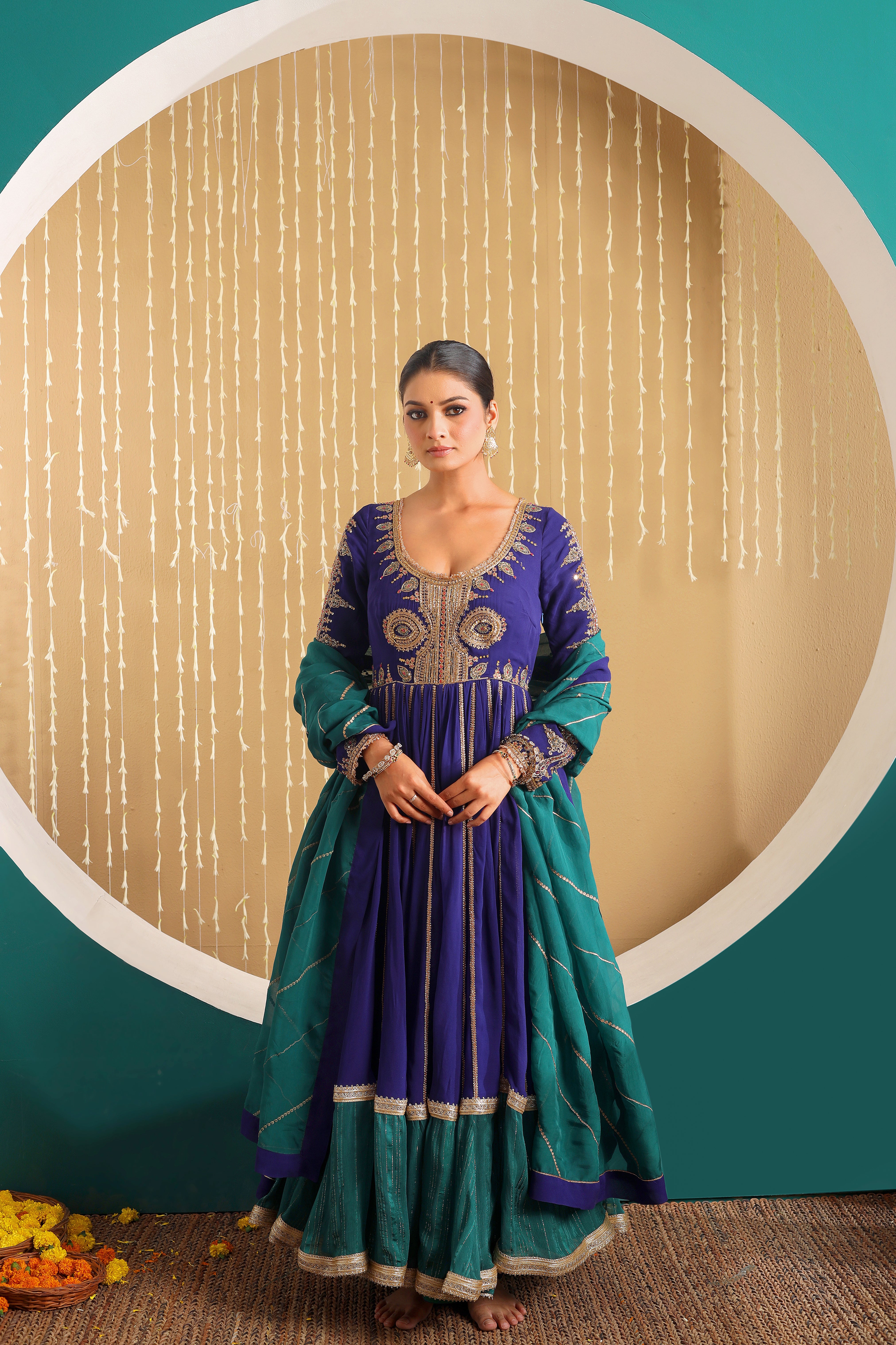 MEHRUNISA - Purple hand embroidered anarkali set with organza dupatta.