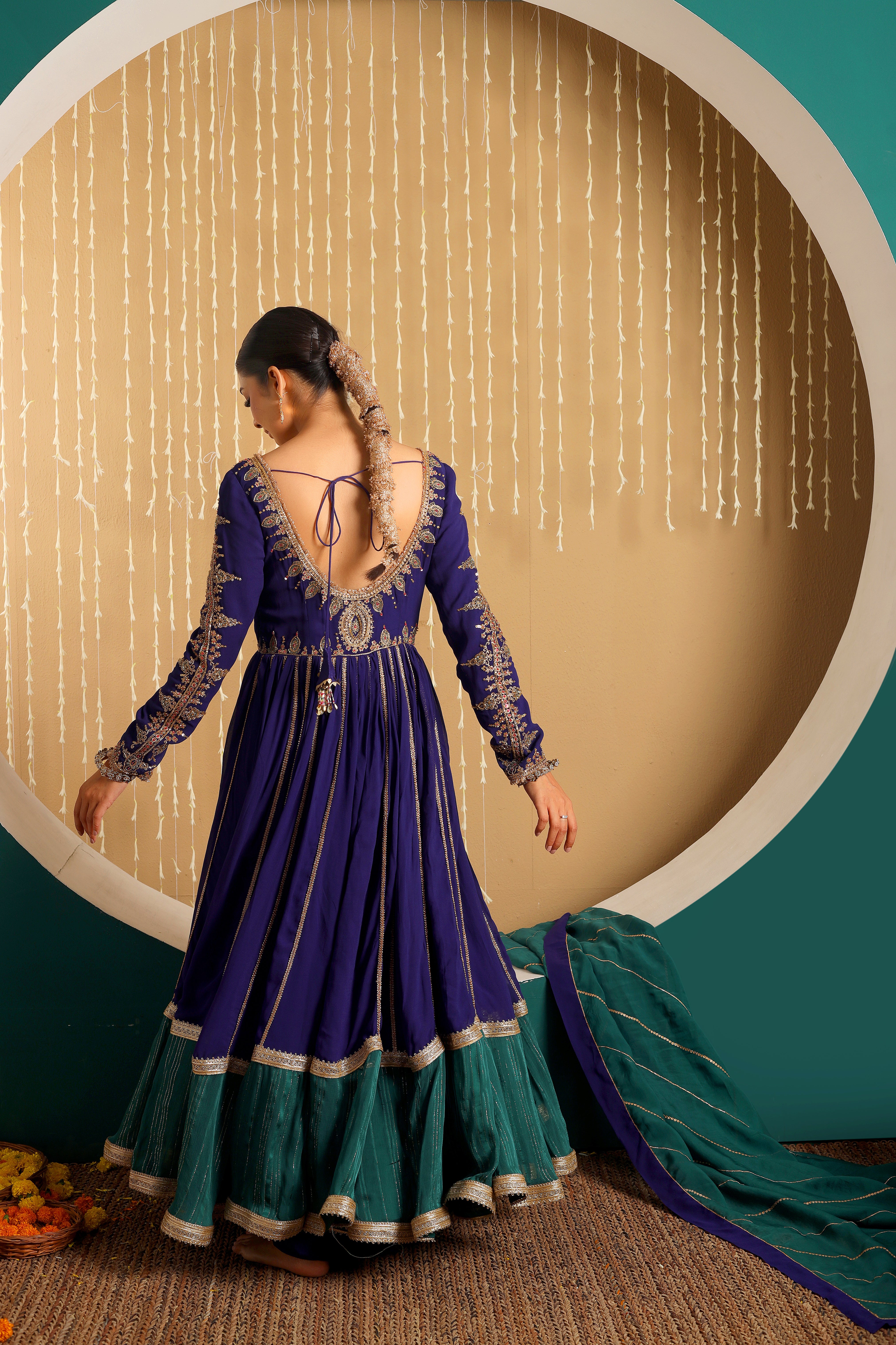 MEHRUNISA - Purple hand embroidered anarkali set with organza dupatta.