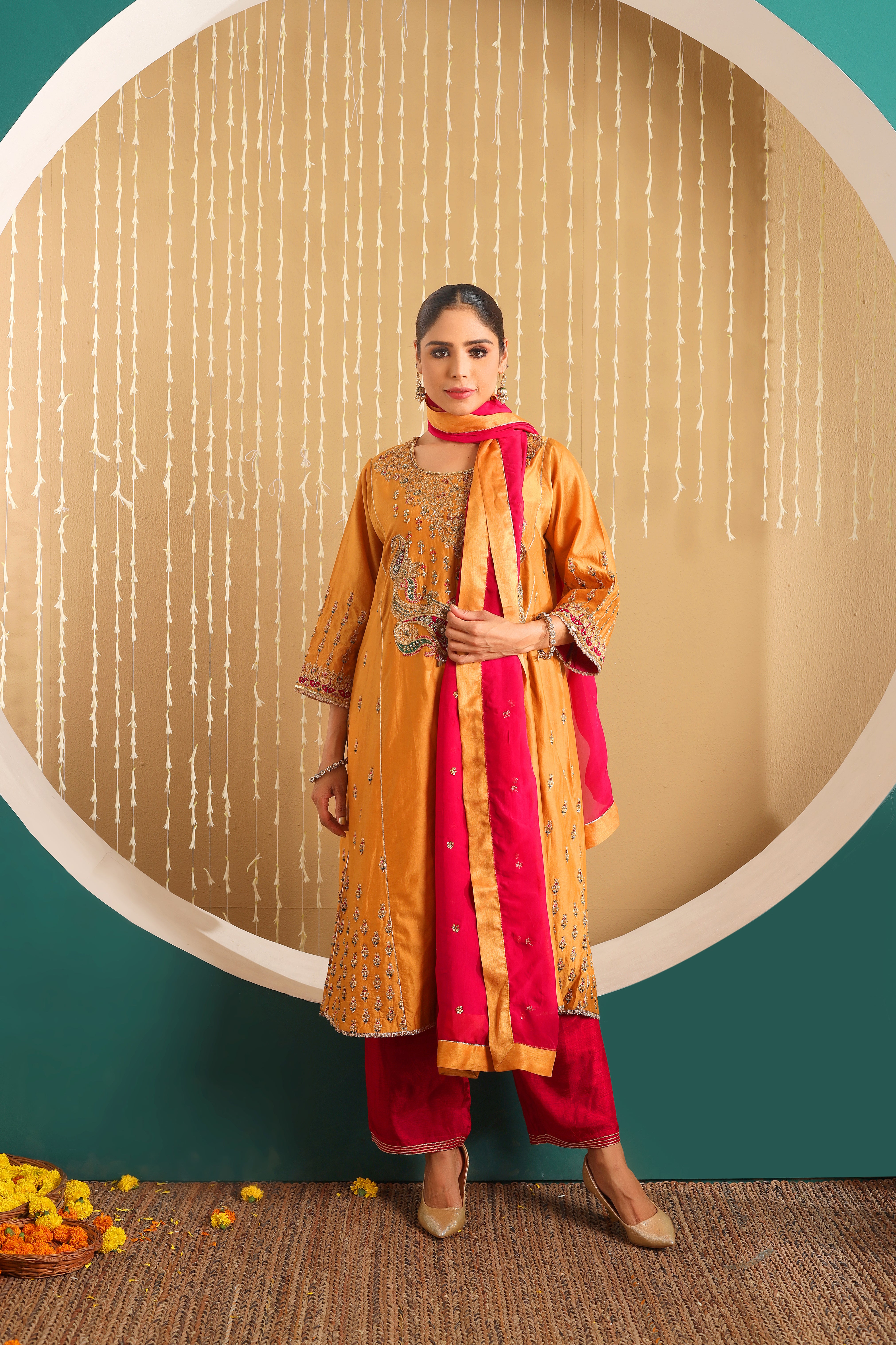 ZOHRA  - Mustard pure handwork chanderi choga set with dupatta.