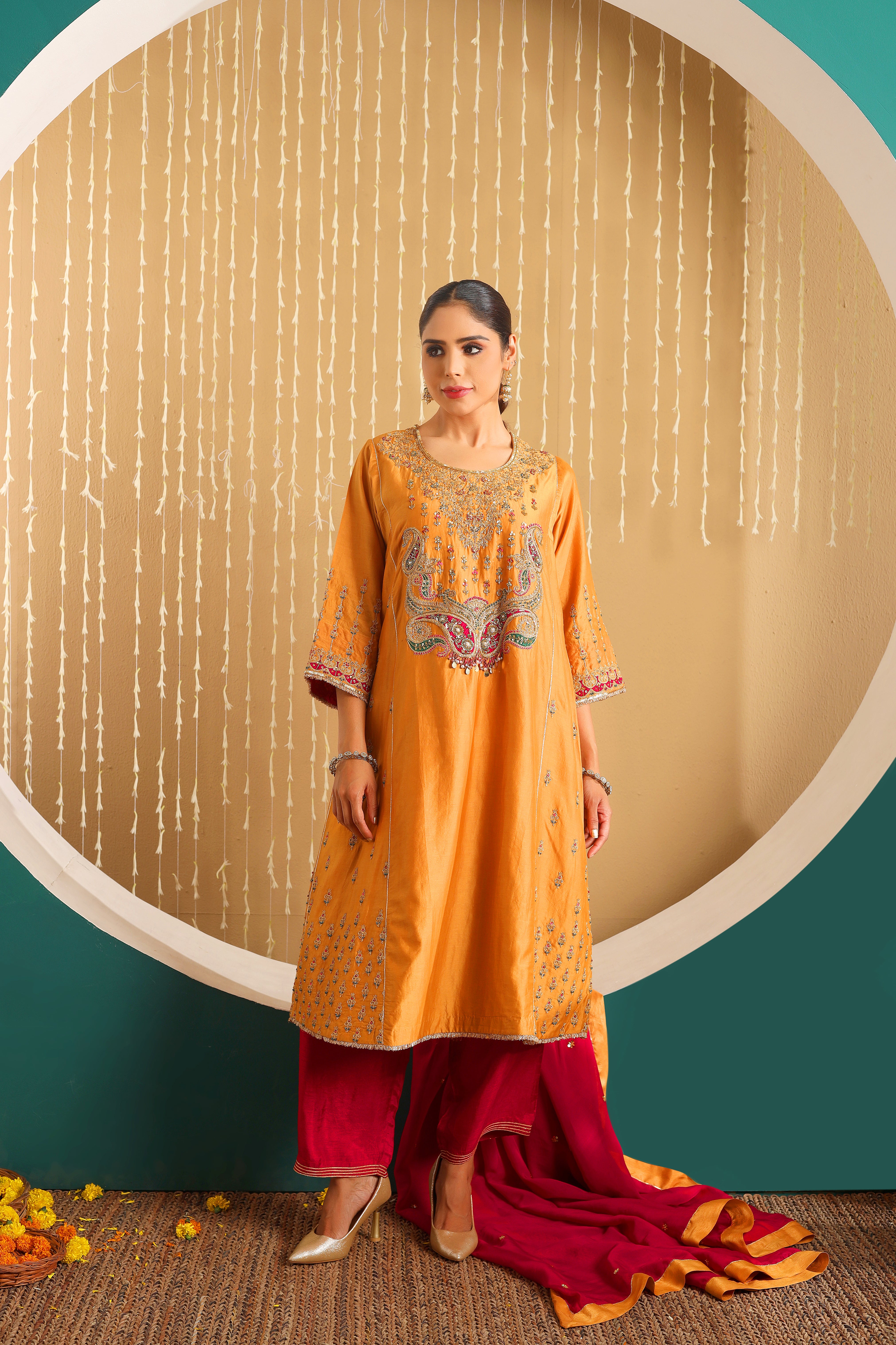 ZOHRA  - Mustard pure handwork chanderi choga set with dupatta.
