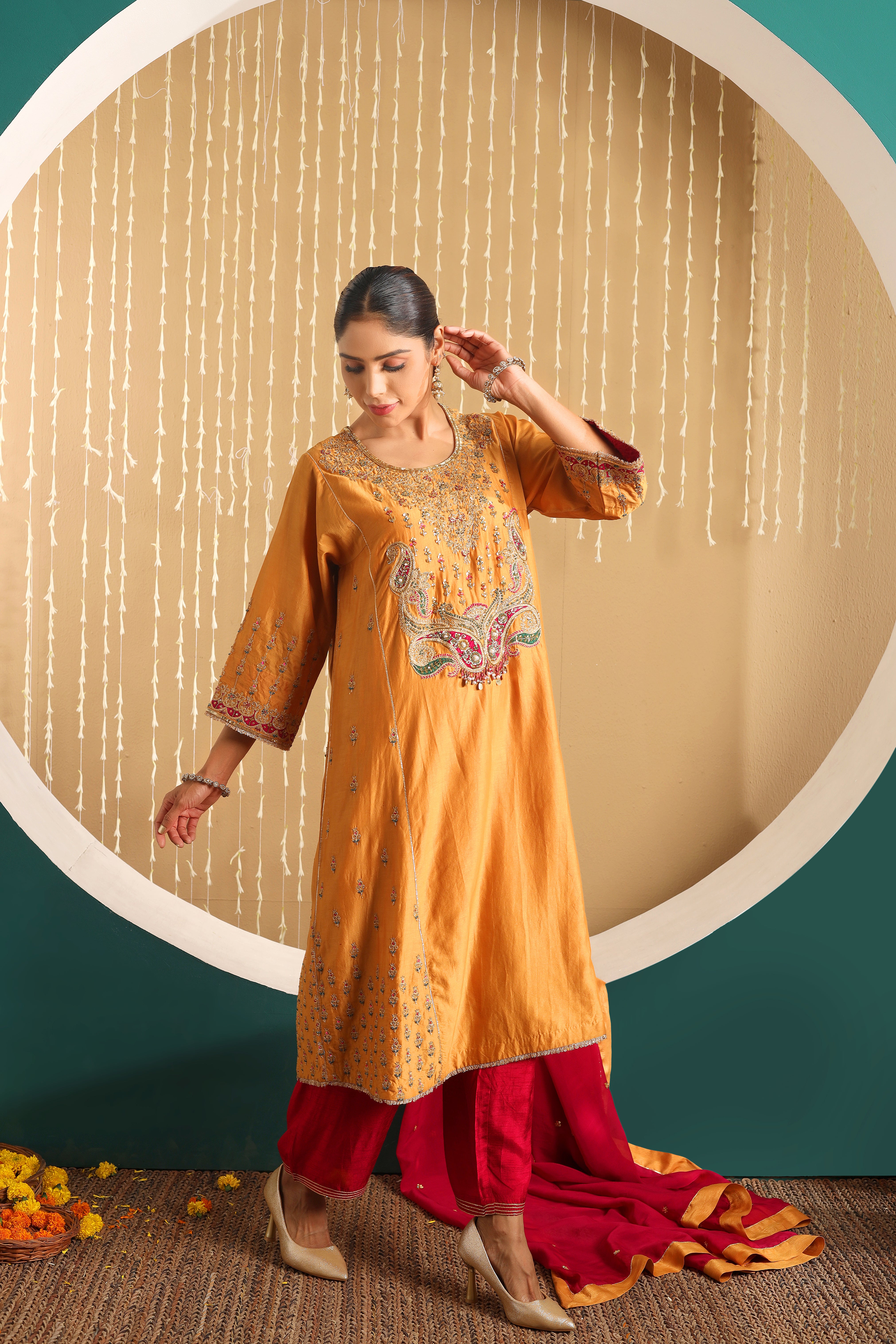 ZOHRA  - Mustard pure handwork chanderi choga set with dupatta.