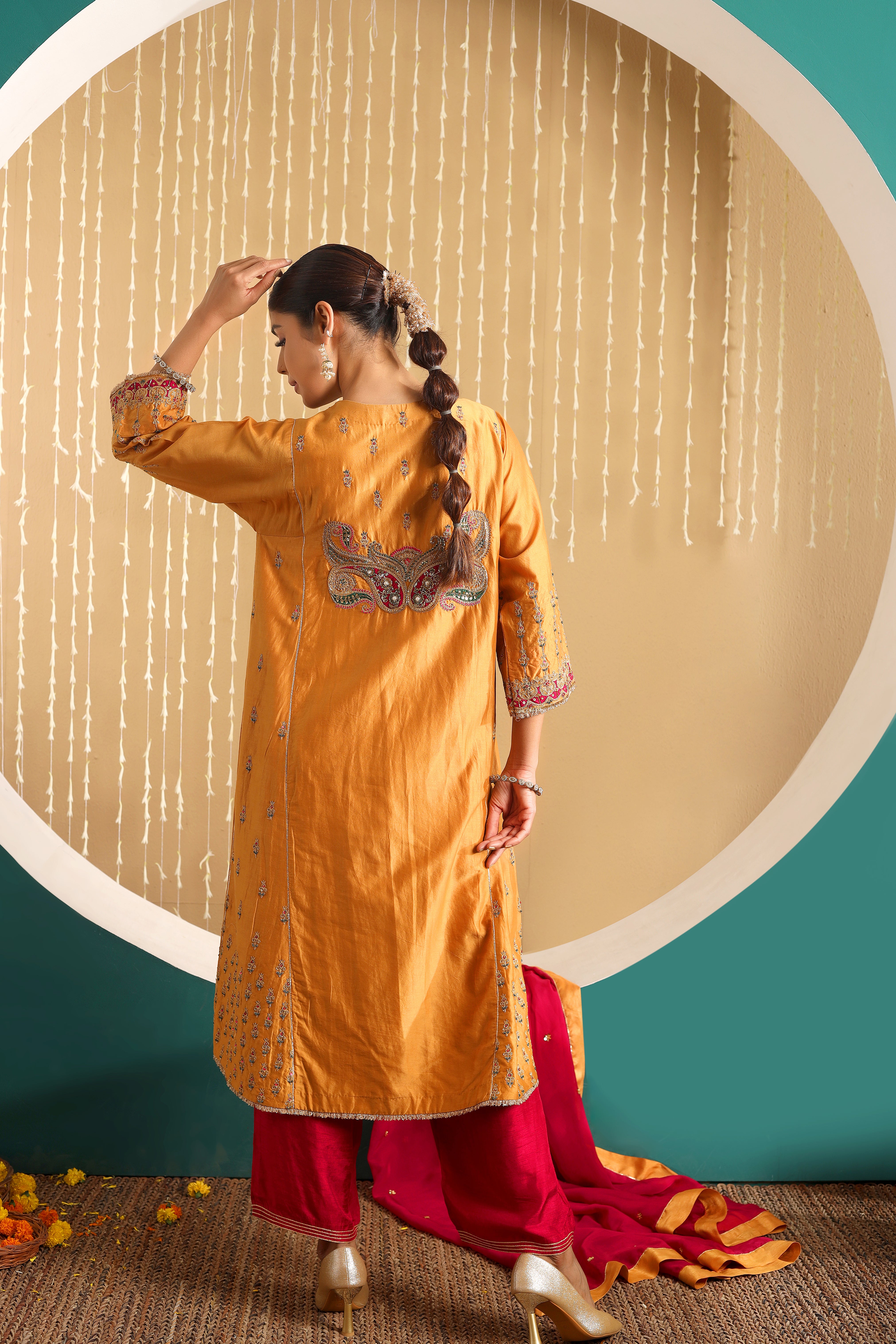 ZOHRA  - Mustard pure handwork chanderi choga set with dupatta.