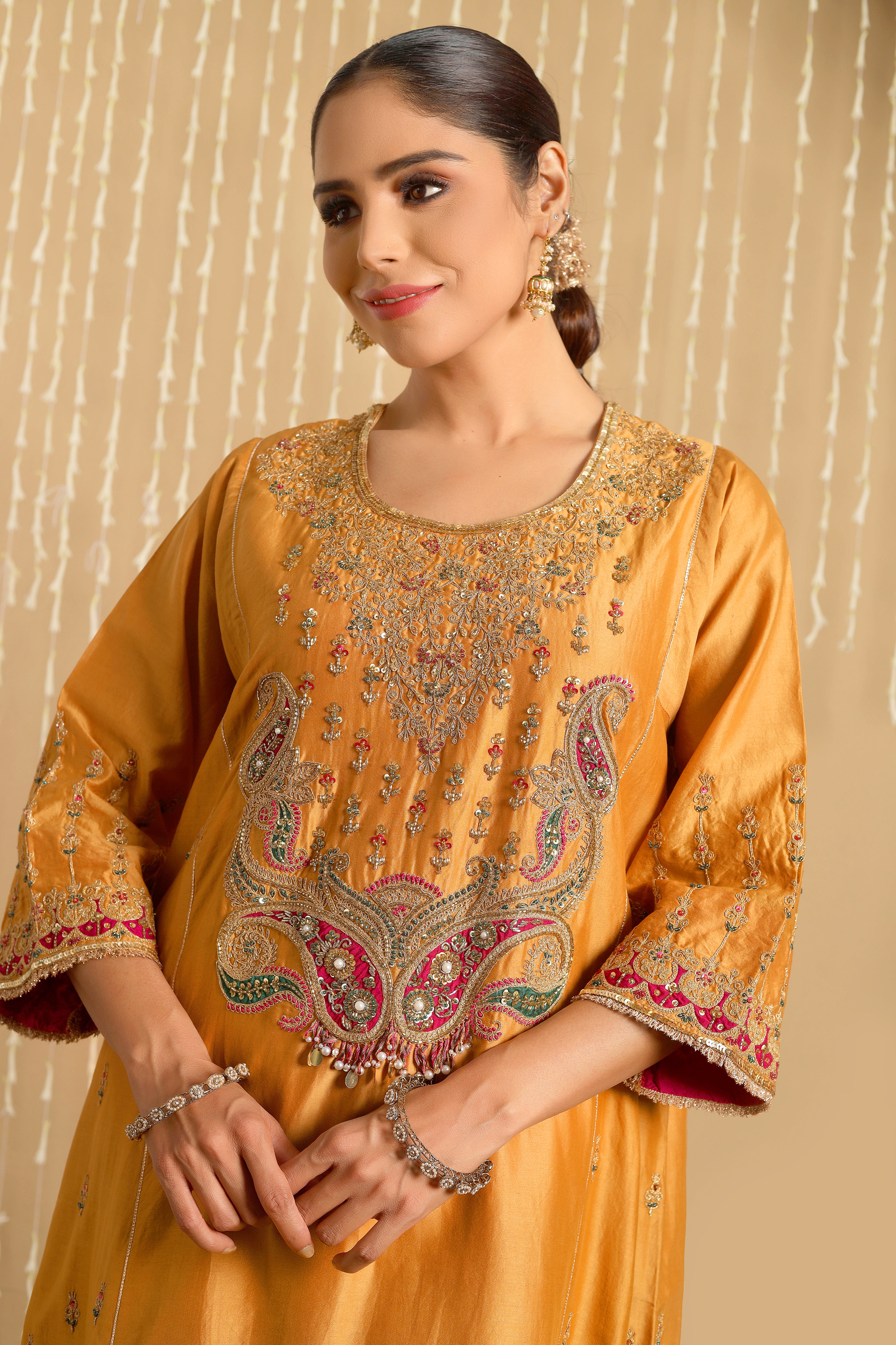 ZOHRA  - Mustard pure handwork chanderi choga set with dupatta.
