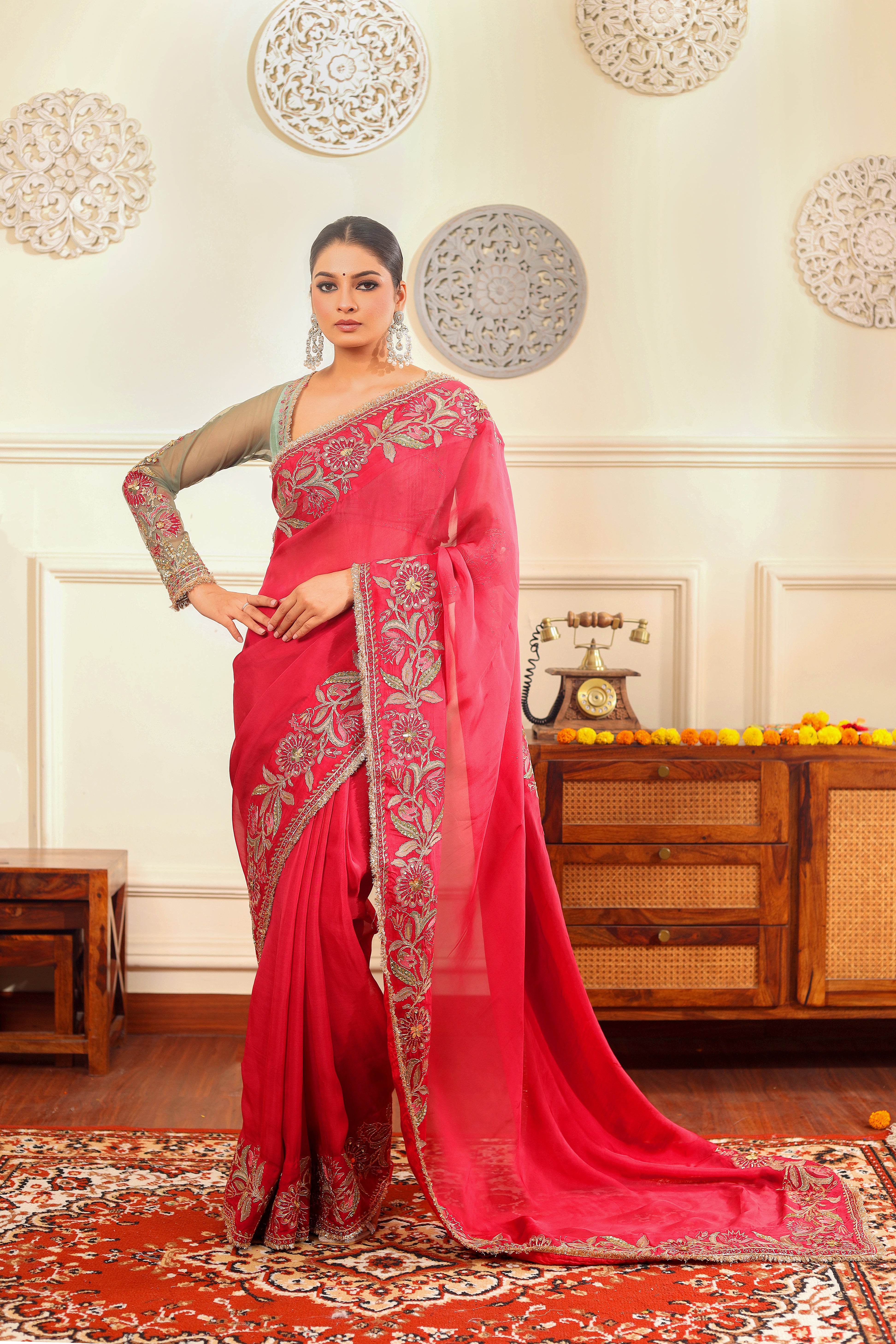 ROOSA NOOR - Deep rose organza embroidered saree with blouse.