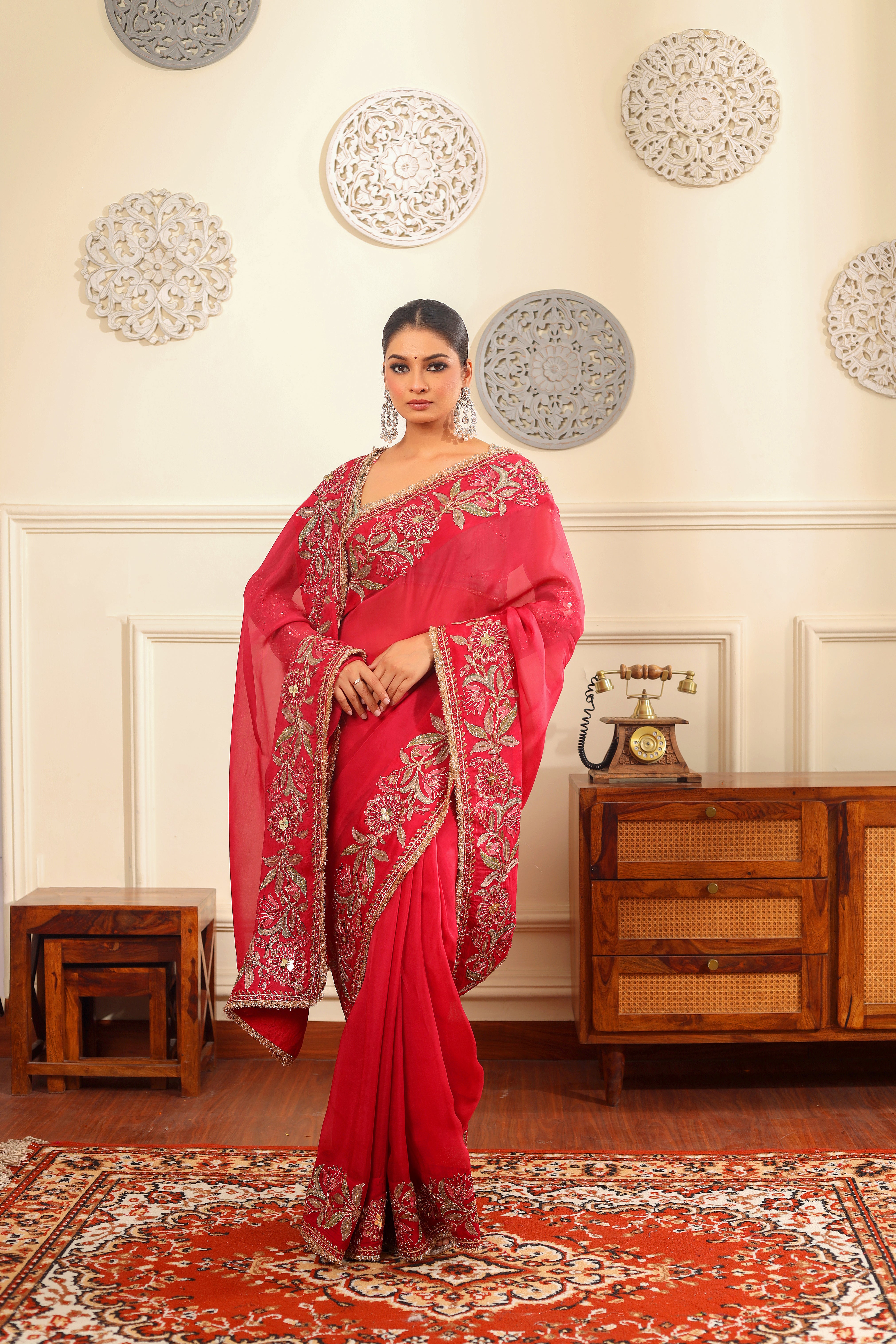 ROOSA NOOR - Deep rose organza embroidered saree with blouse.