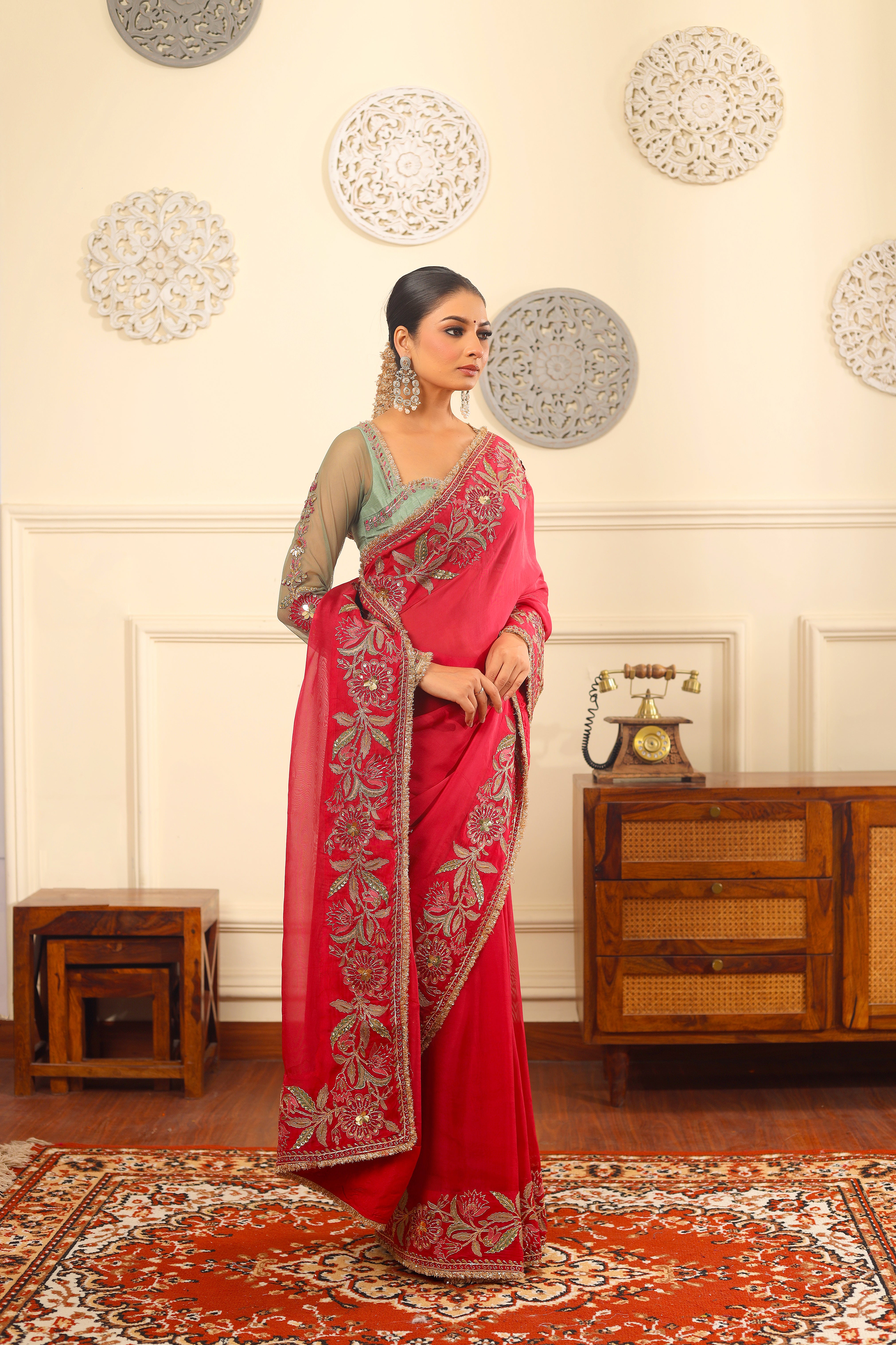 ROOSA NOOR - Deep rose organza embroidered saree with blouse.