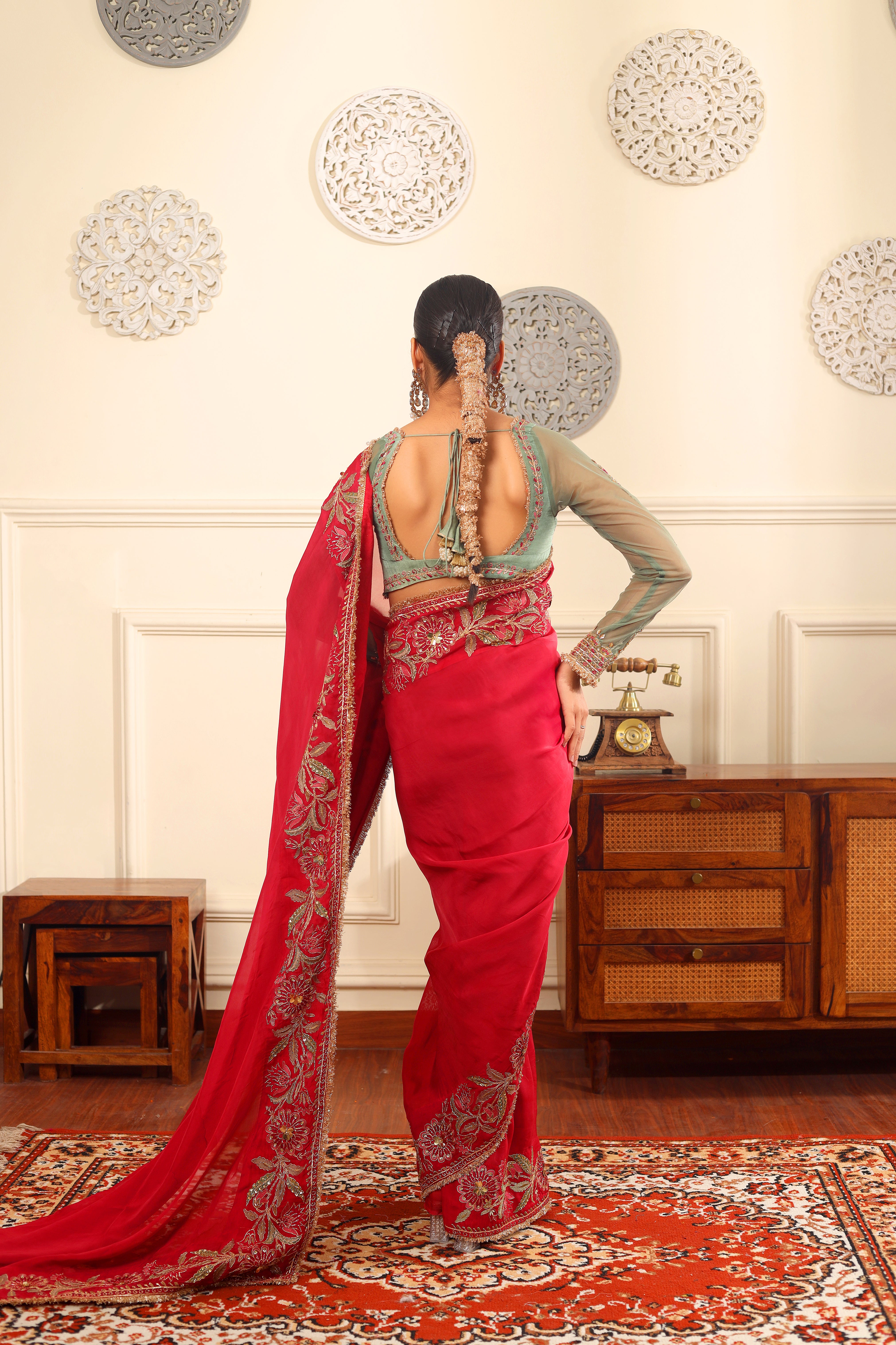 ROOSA NOOR - Deep rose organza embroidered saree with blouse.